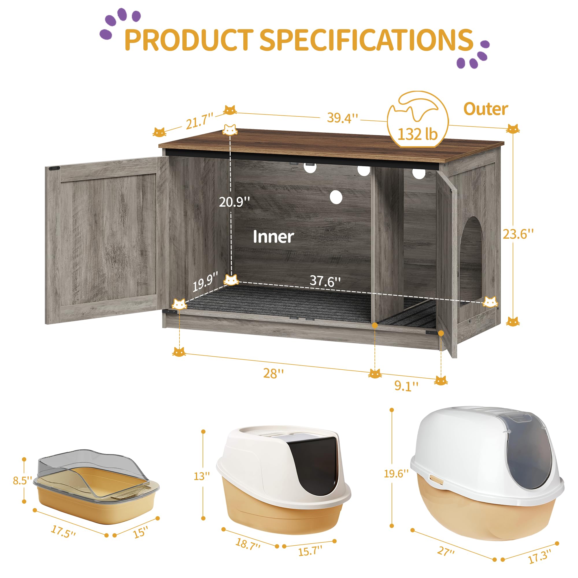 Hzuaneri Cat Litter Box Enclosure with Cushion, Hidden Litter Box Furniture with Removable Dividers, Reversible Entrance Left or