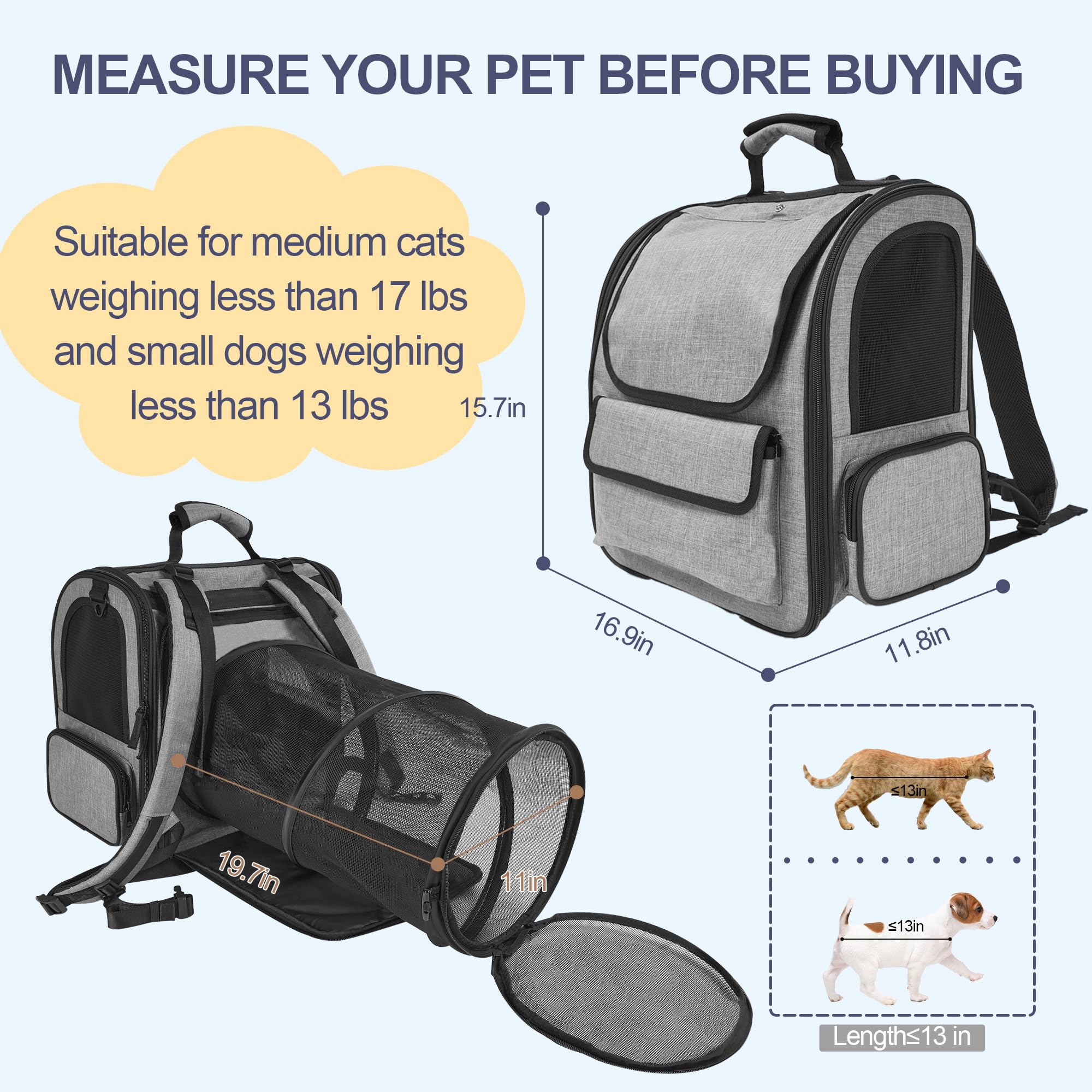 Cat Carrier Backpack for Large Cats Pet Backpack Carrier for Small Dogs, Expandable Cat Backpack Up to 15 Lbs, Foldable Cat Carr
