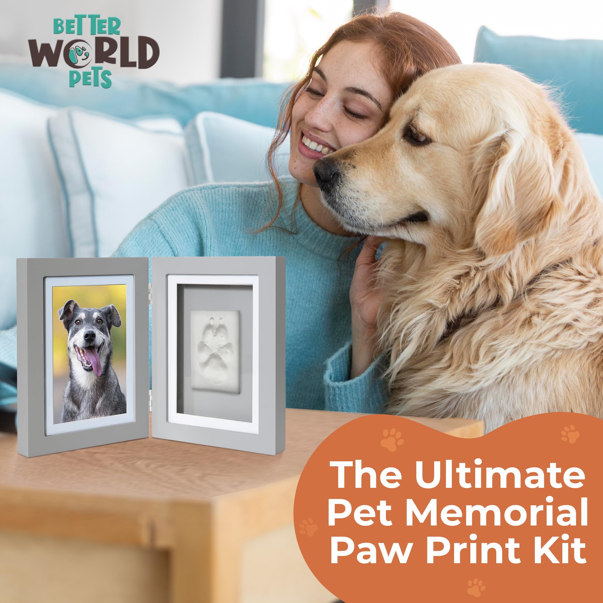 Better World Pets Paw Print + Photo Keepsake Frame Holds 4 X 6 Inch Or 5 X 7 Picture – Memorial Clay Imprint Kit – For Dogs And Cats – Perfect For Pet Lovers – Hinged For Desktop, Grey