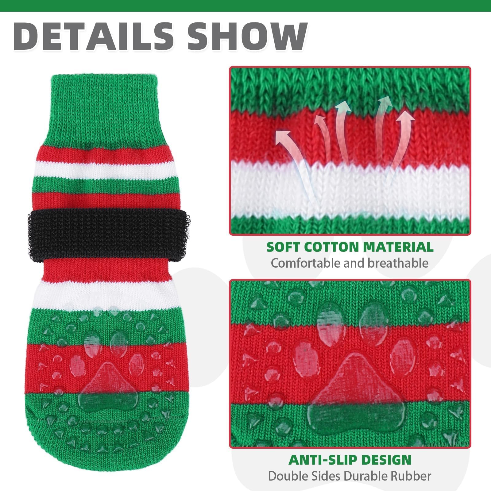 KOOLTAIL Anti Slip Dog Socks to Prevent Licking Paws with Grippers, 3 Pairs Dog Christmas Outfit Paw Protector, Double Sides Str