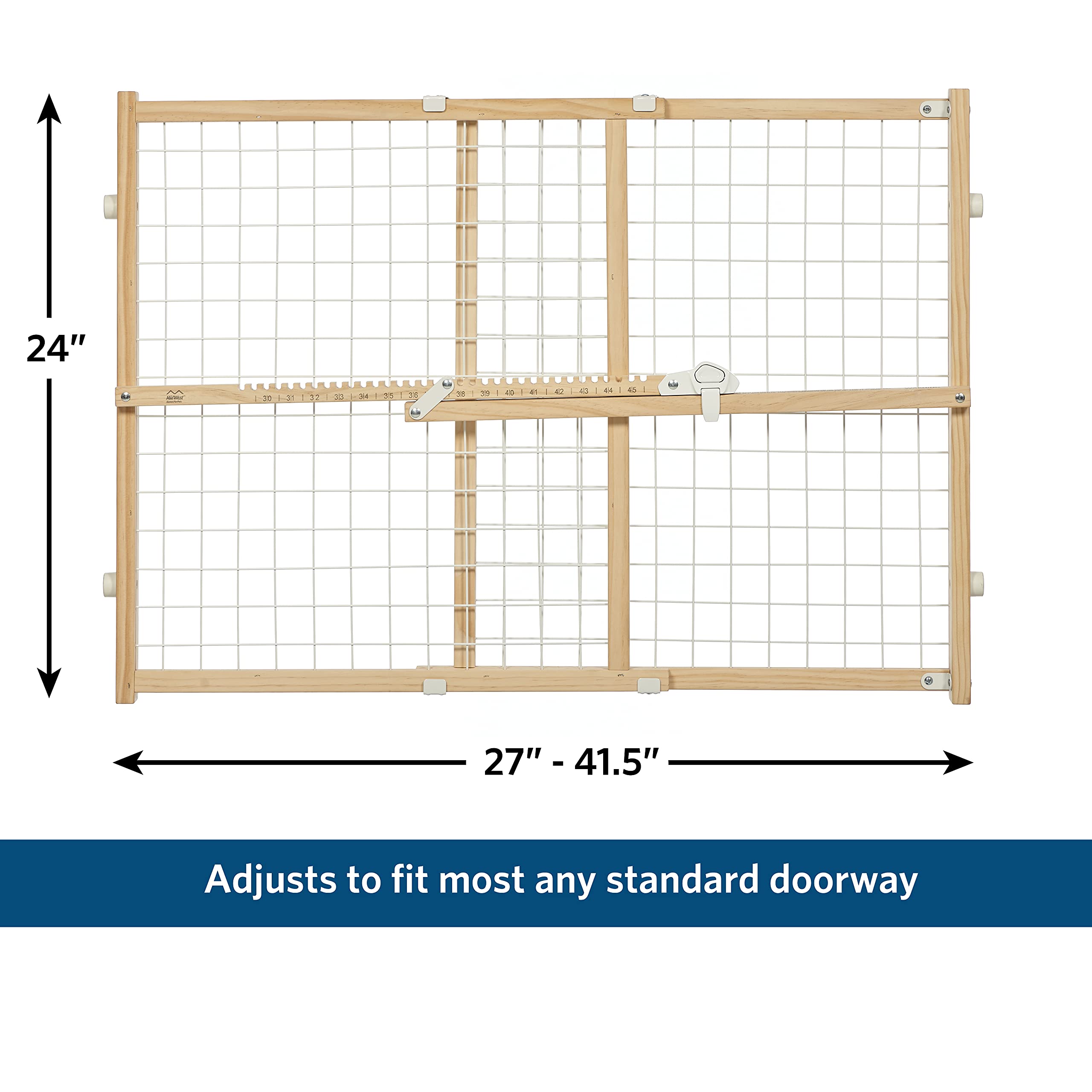 Midwest Homes For Pets Wire Mesh Pet Safety Gate, Pressure Mounted Dog Gate Measures 24 Inches Tall & Expands To 27-41.5 Inches Wide, Natural Wood & White Powder Coated Wire Mesh
