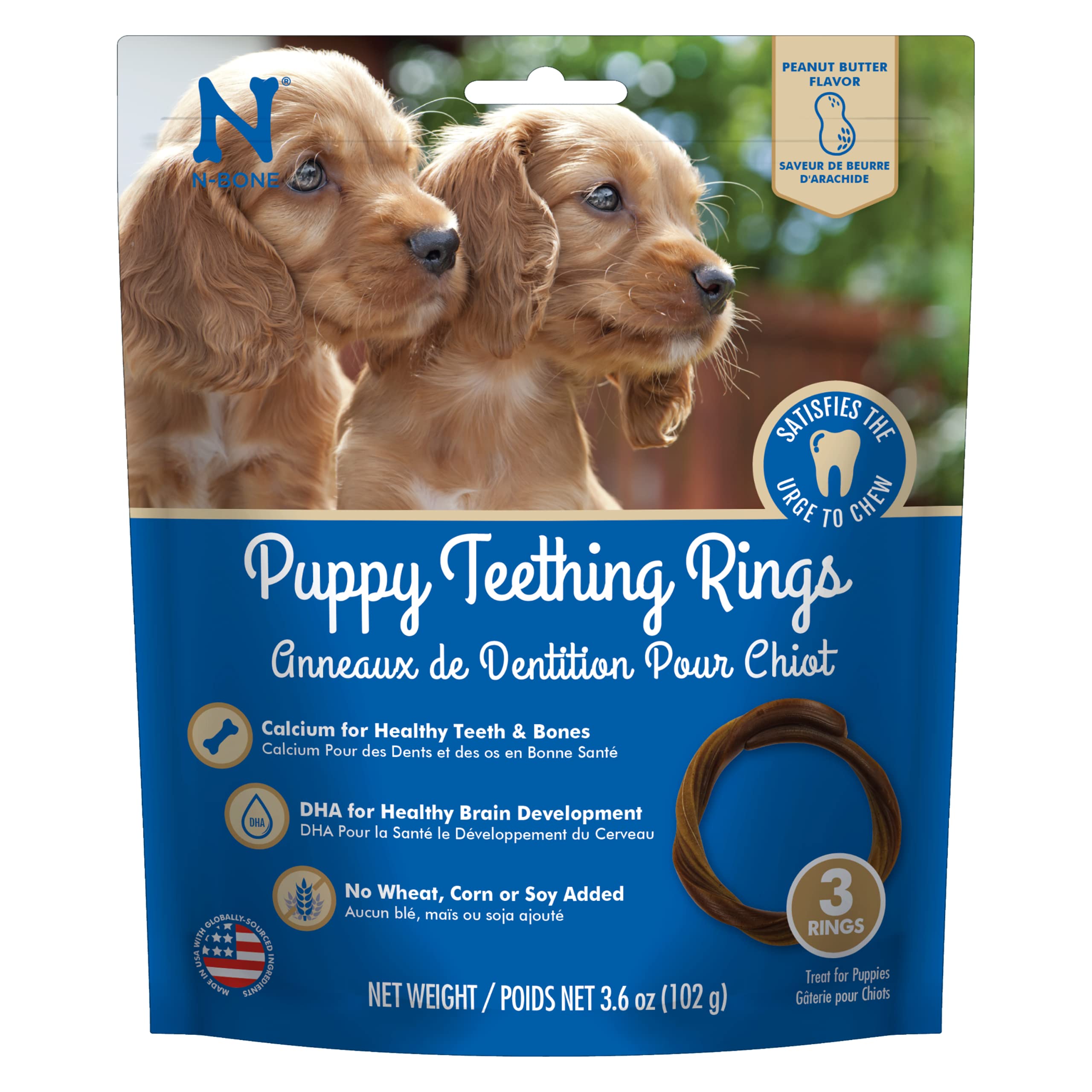 N-Bone Puppy Teething Rings Peanut Butter Flavor Dog Treat, 3 Count Bag, 3.6-Oz