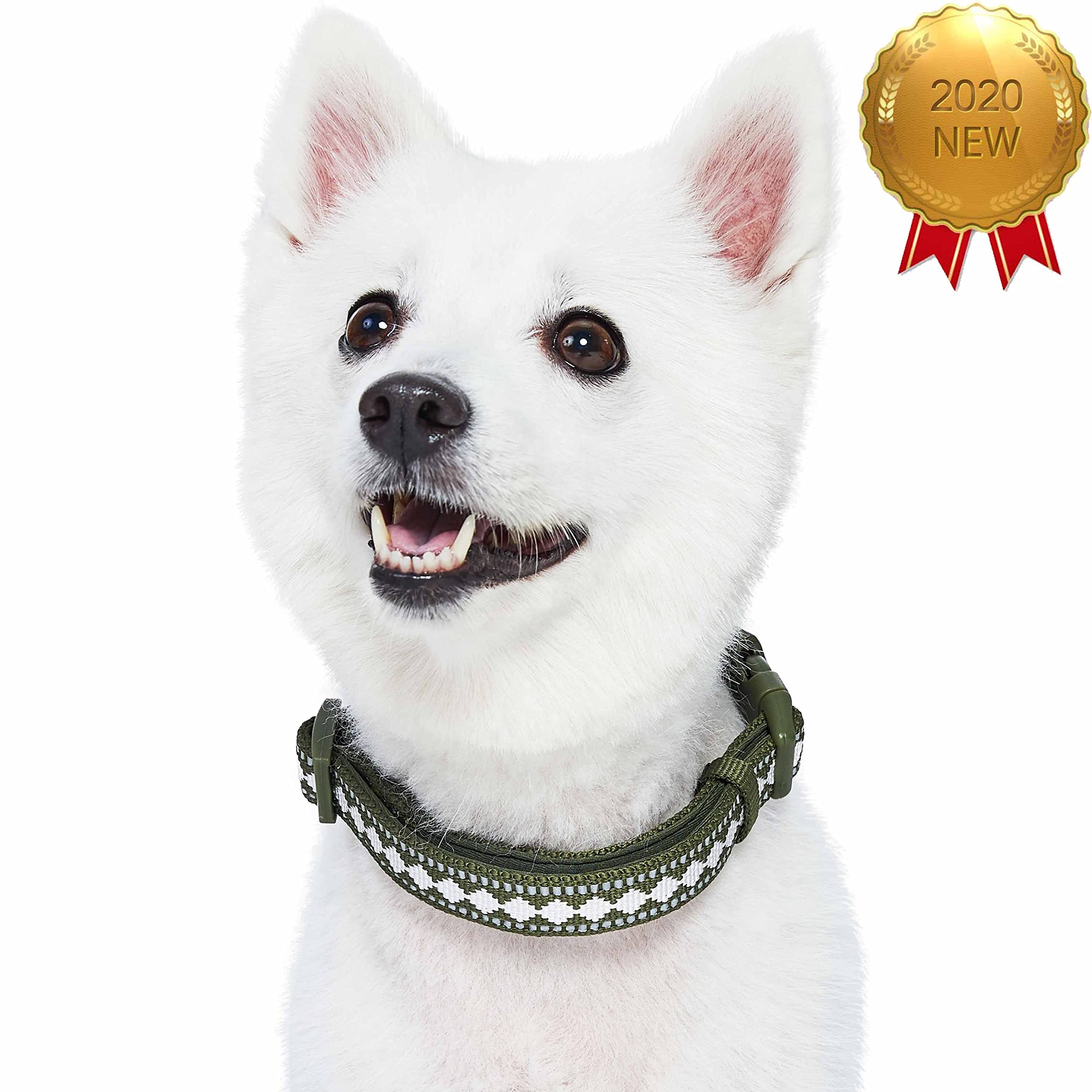 Blueberry Pet 3 Colors 3M Reflective Jacquard Neoprene Padded Adjustable Dog Collar, Olive, Small, Neck 12''-16''