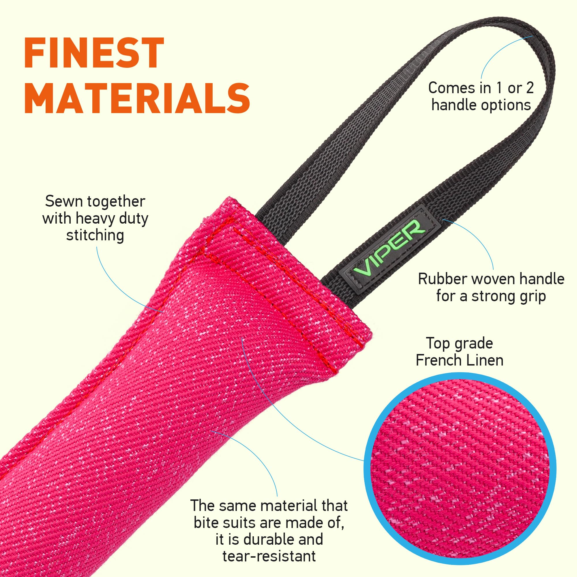 Viper Heavy Duty French Linen Dog Bite Tug Toy - K9 Trainer, Tough And Durable For Dogs Shutzhund Ipo K-9 - Pink - 12In L X 1.5