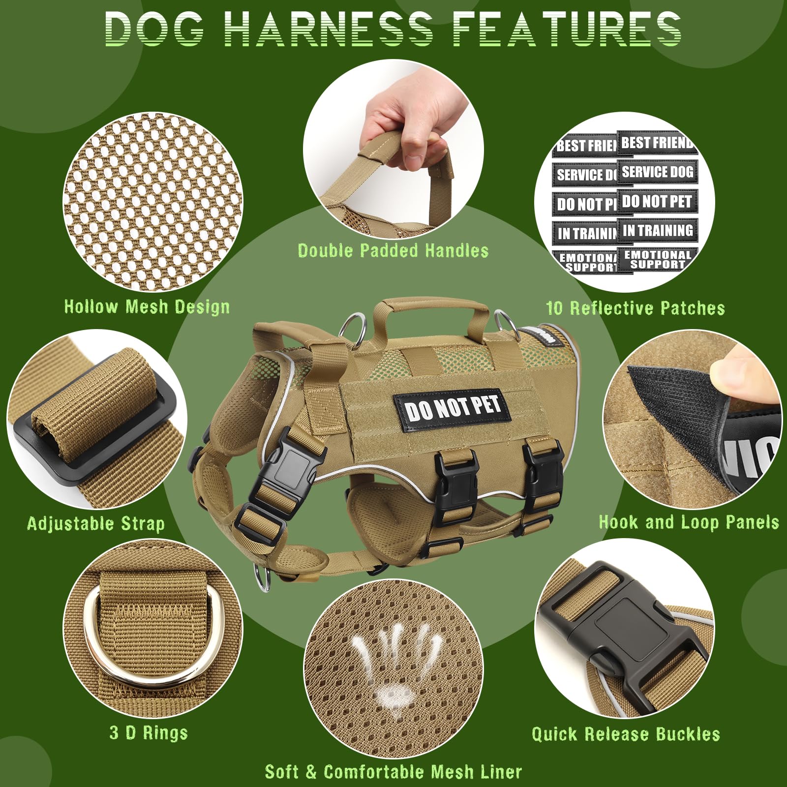 Winsee Mesh Dog Harness With 10 Pet Patches For Small Service Dog In Training, Breathable Tactical Molle Vest With Double Handle