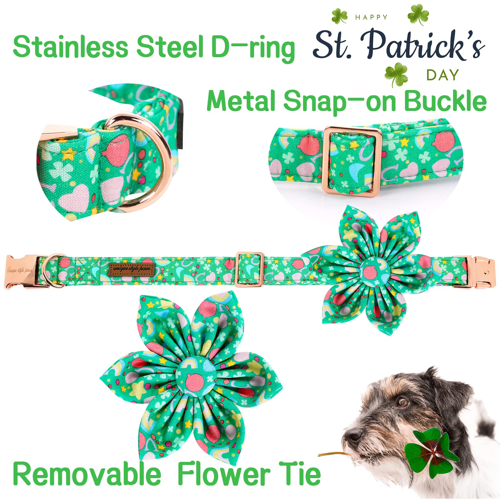 Unique Style Paws St. Patrick'S Day Dog Collar With Flower Tie Rainbow Clover Heart Puppy Collar For Small Medium Large Boys Girls-Xs