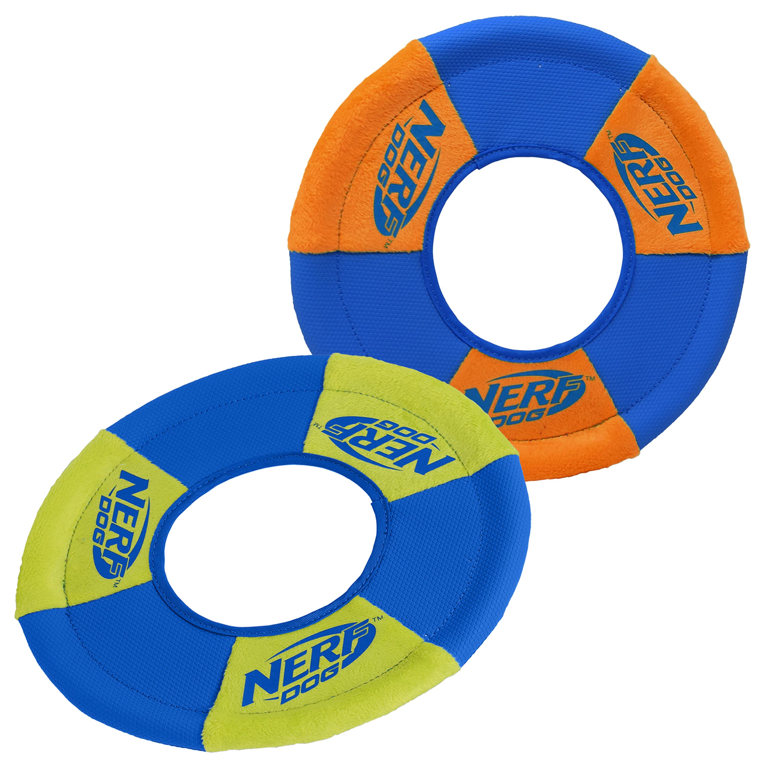 Nerf Dog Toss And Tug Ring Dog Toy, Flying Disc, Lightweight, Durable And Water Resistant, 9 Inch Diameter, For Medium/Large Breeds, Two Pack, Green And Orange
