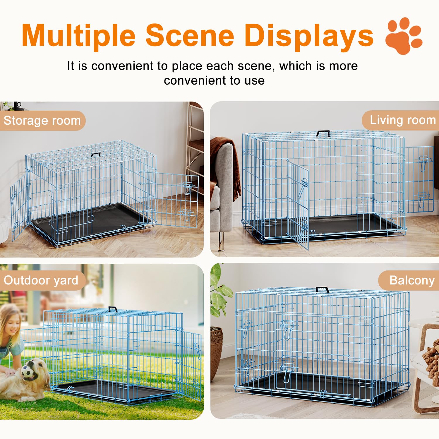 FDW Dog Crate 36inch Dog Cage Foldable Metal Kennel with Leakproof Tray Foldable Design Indoor Outdoor Use for Medium Dogs,Blue