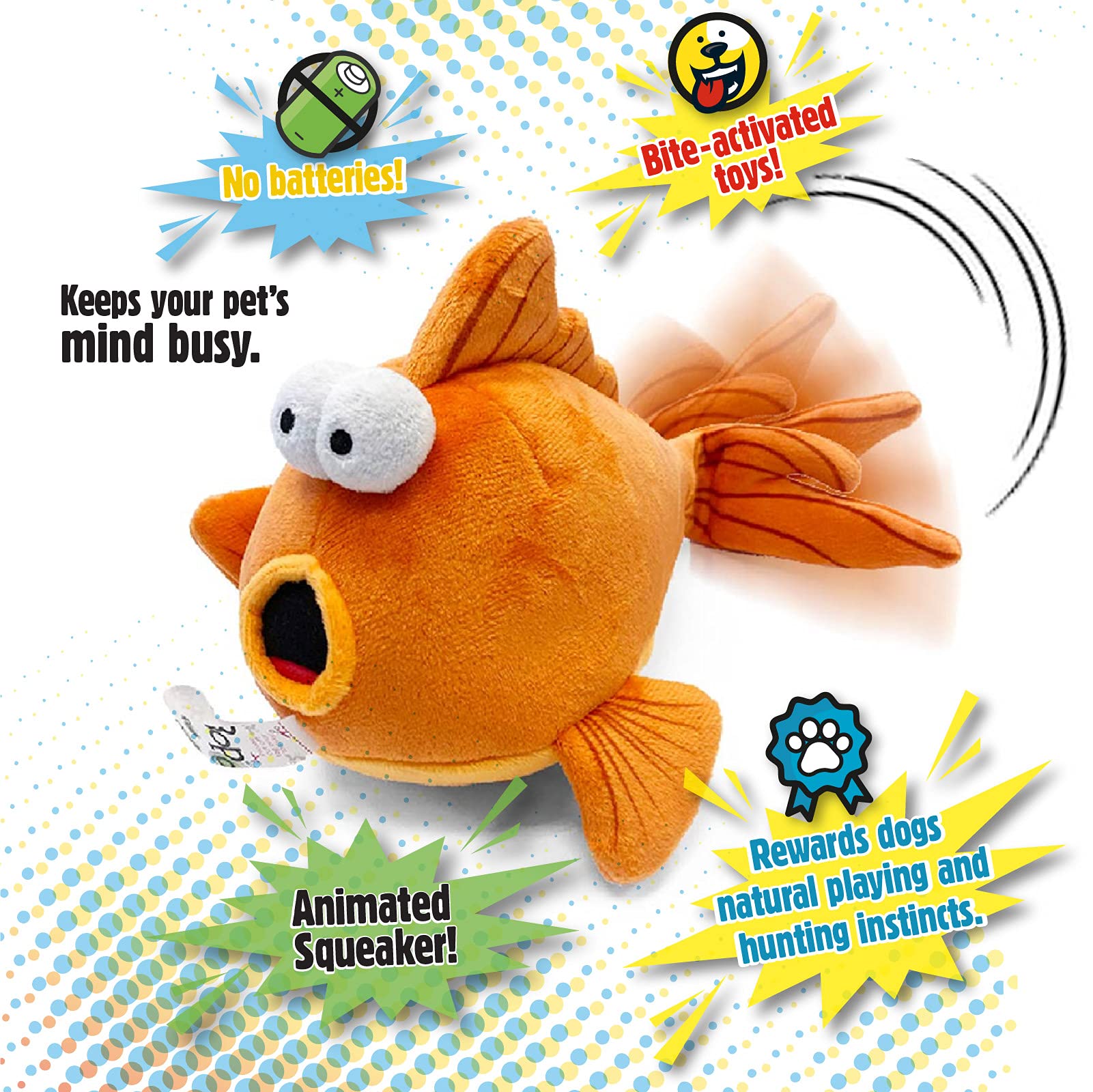 Godog Action Plush Goldfish Animated Squeaky Dog Toy, Chew Guard Technology - Orange, One Size