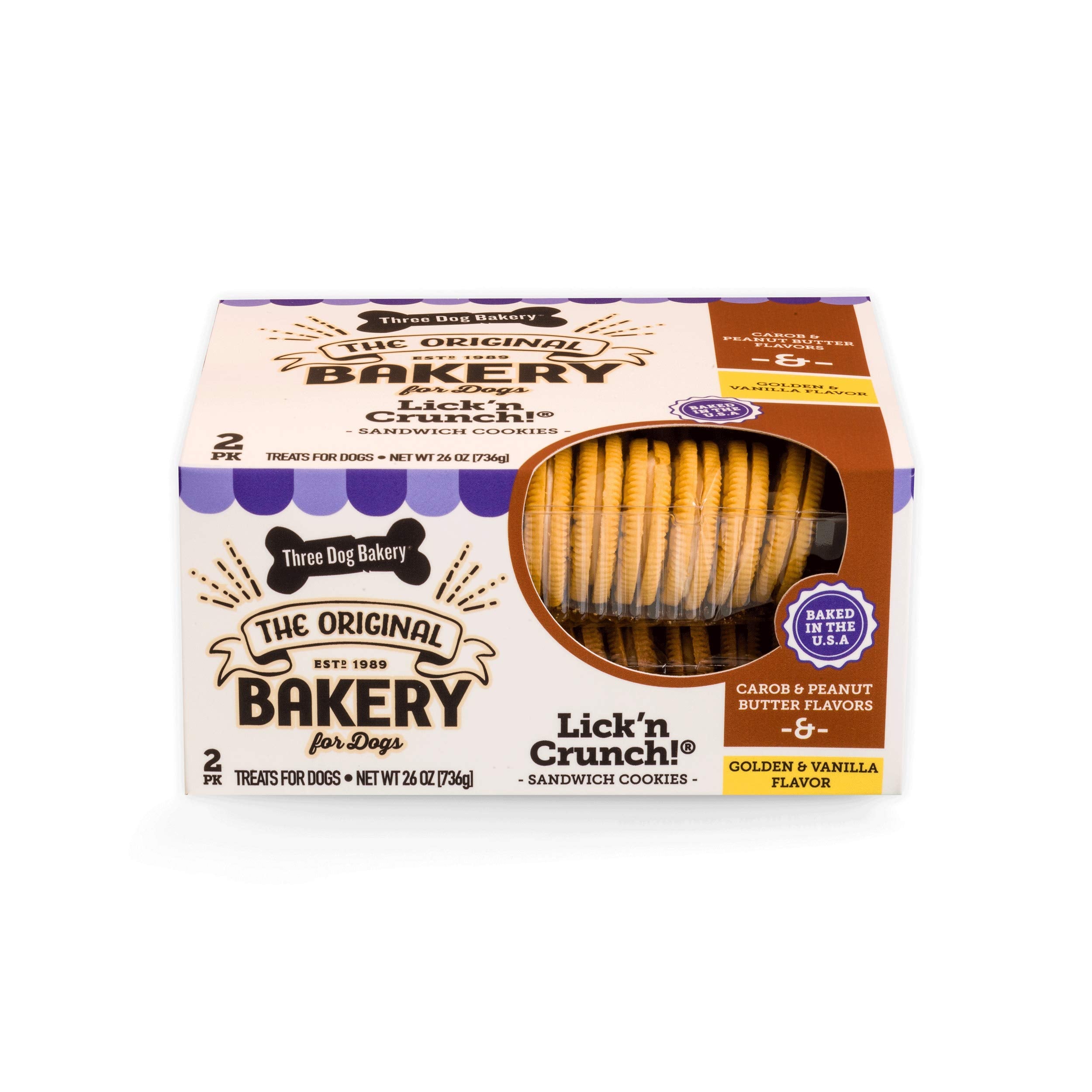 Three Dog Bakery Lickn Crunch Sandwich Cookies Premium Dog Treats with No Artificial Flavors, Butter Flavor & Golden Vanilla Fl