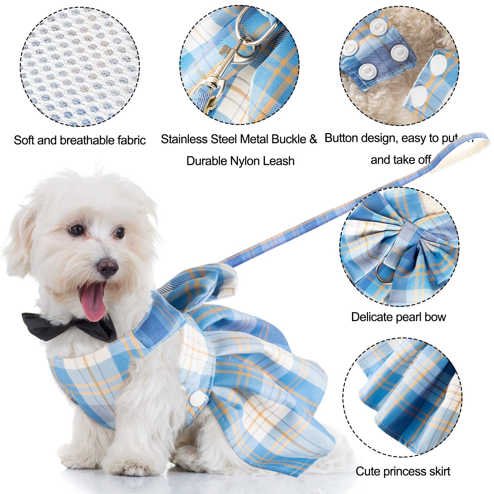 Potchen 4 Pcs Cute Plaid Dog Dress Set with Bow Tie Harness & Leash for Small Dogs, Puppy Clothes for Girls Summer Outfits(M,Dar