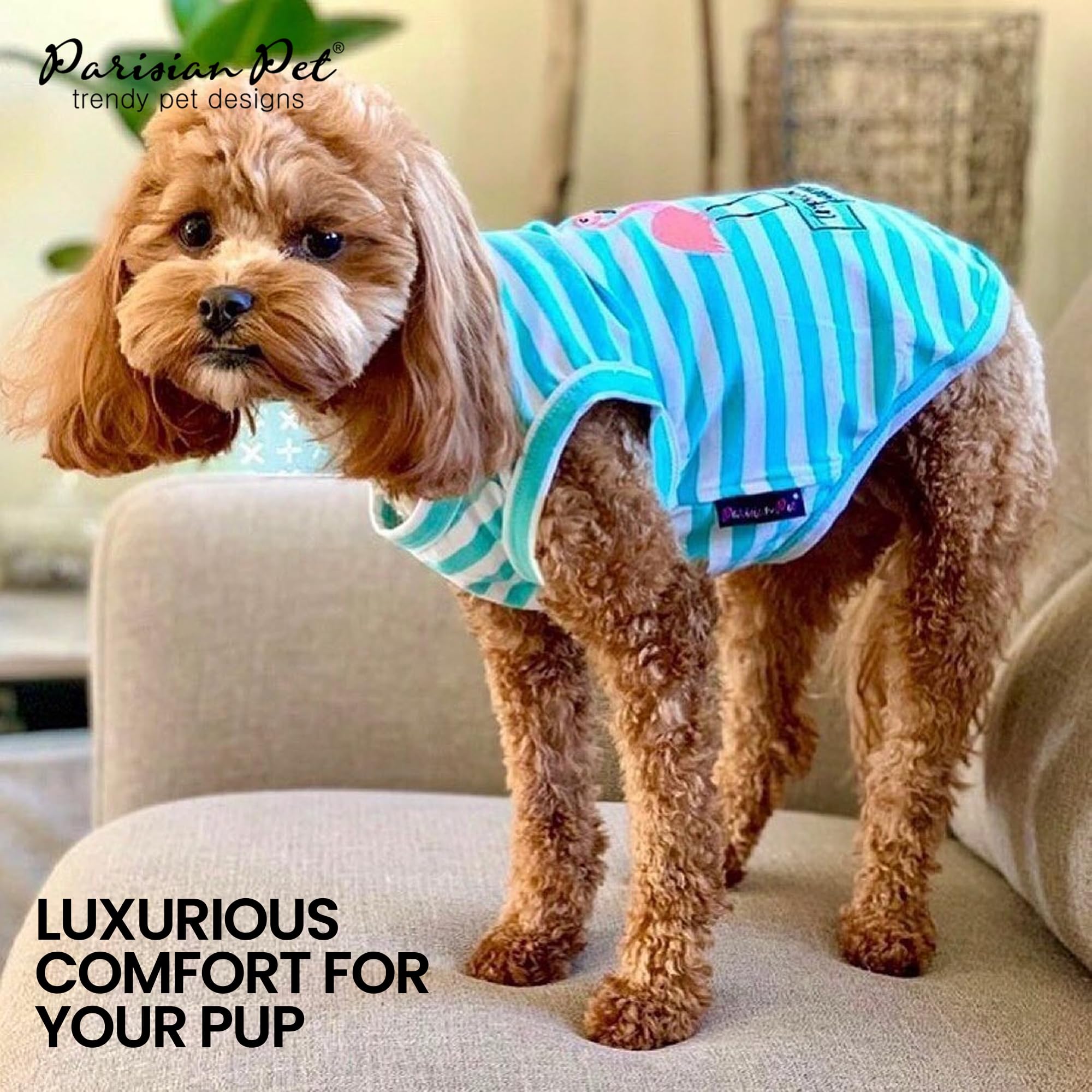 Parisian Pet Dog Tshirt - Embroidered  Flamingos  Tank Top - 100% Cotton And Lightweight Dog Clothes - Sleeveless Tee Shirts - M