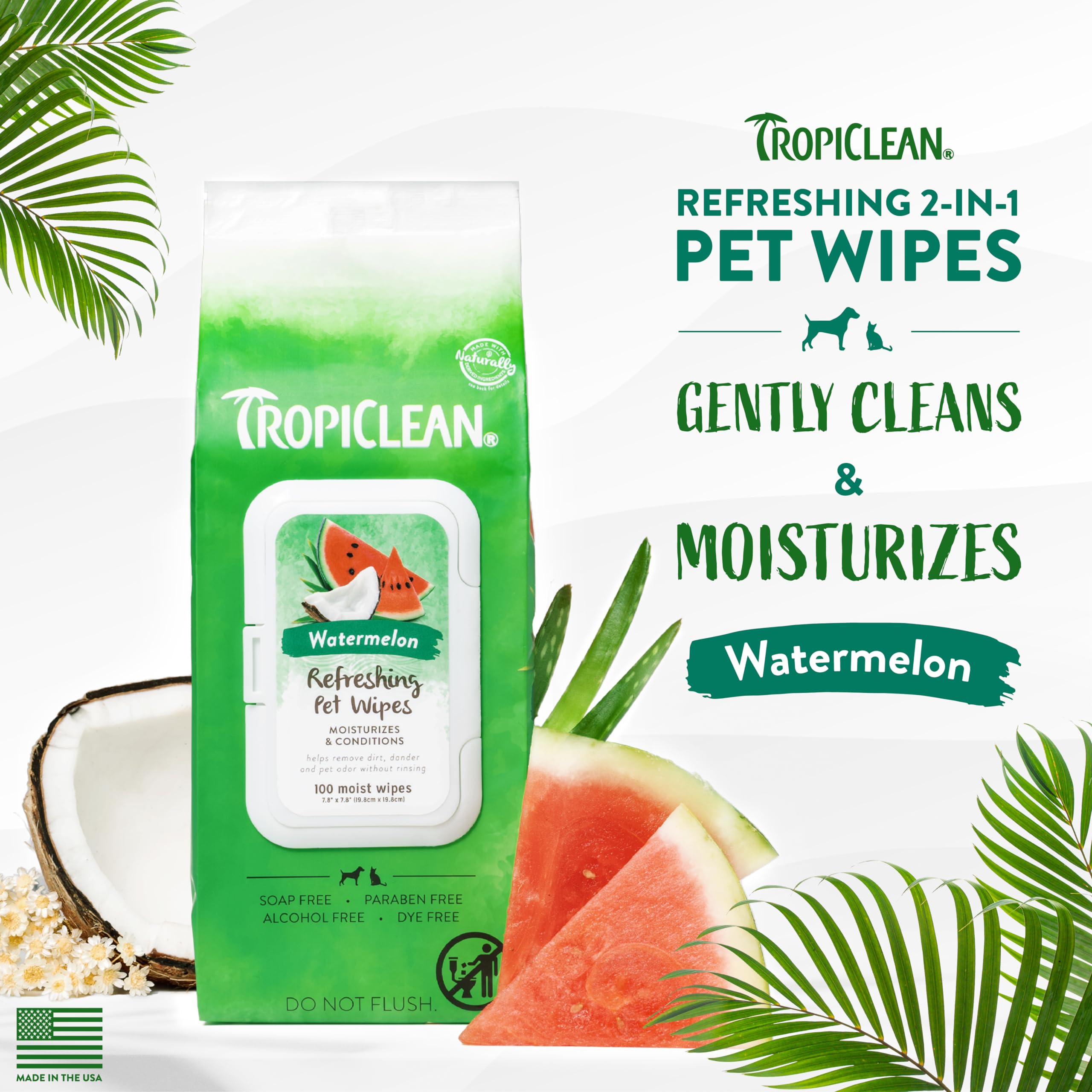 Tropiclean Watermelon Dog Wipes For Paws And Butt | Deep Cleaning Dog Grooming Wipes | Safe For The Face | Cat Friendly | 100 Co