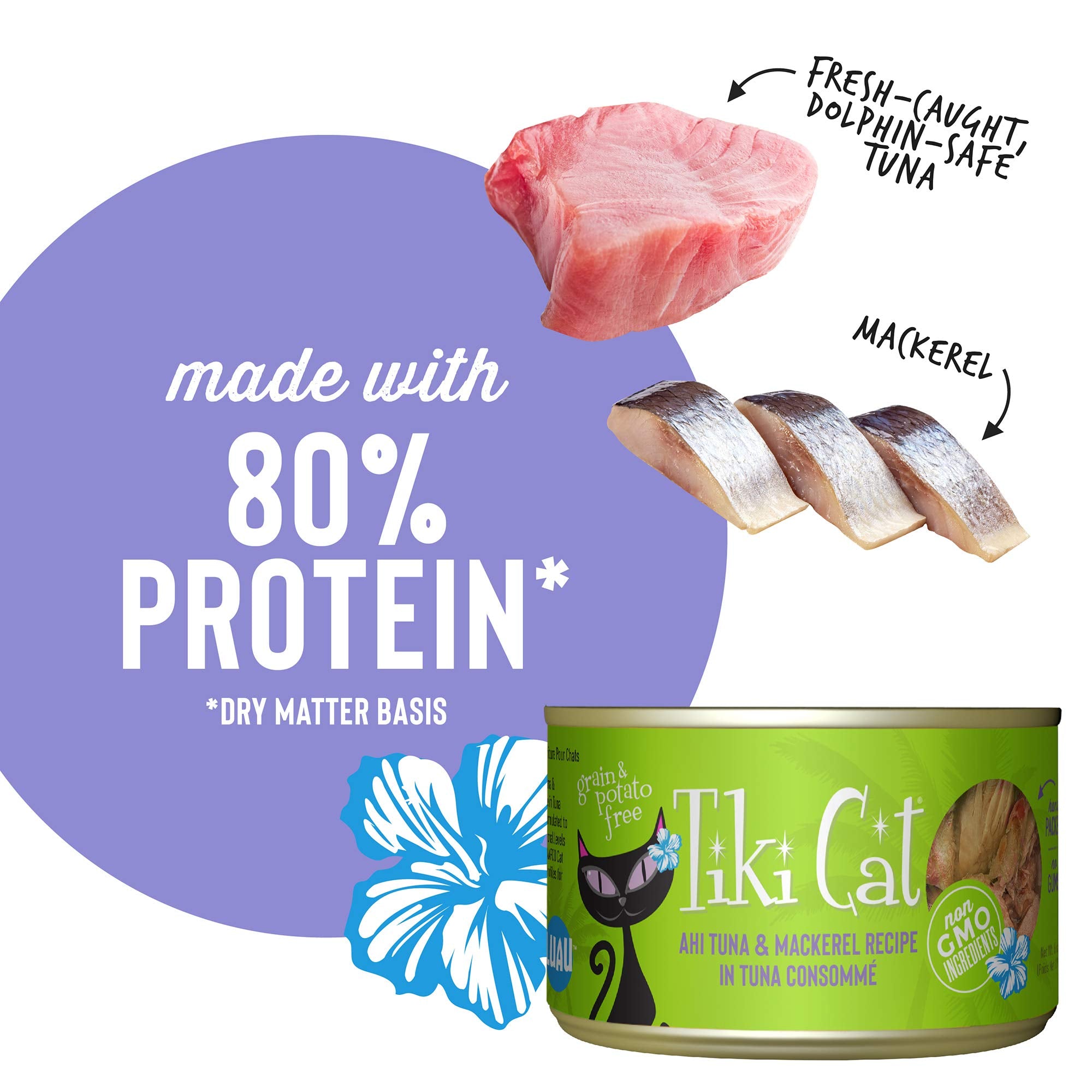 Tiki Cat Luau Shredded Meat, Ahi Tuna & Mackerel Recipe in Tuna Consumme, Grain-Free Balanced Nutrition Wet Canned Cat Food, For