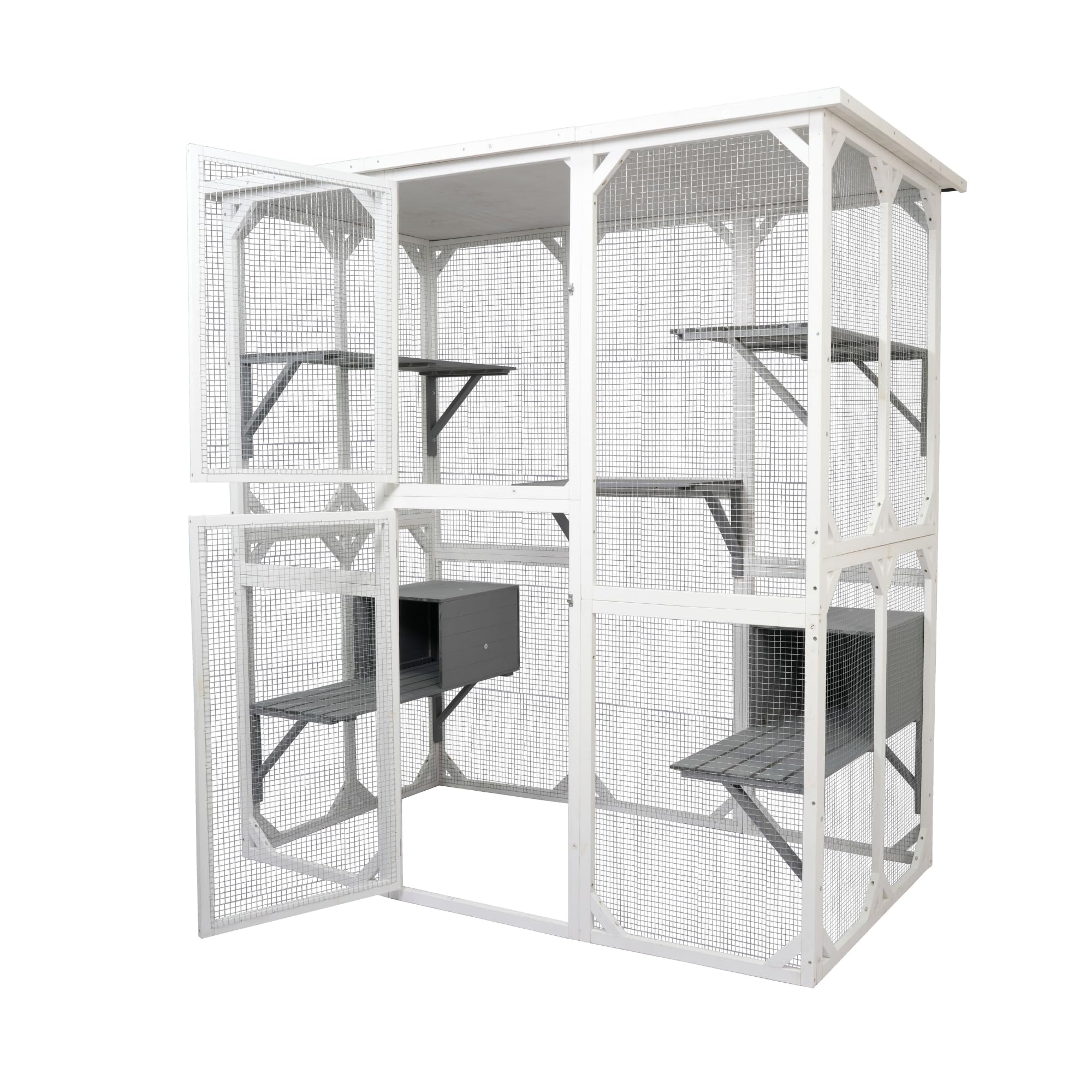 Ball & Cast 71 Wooden Catio Outdoor Cat Enclosure with Weatherproof Asphalt Roof,Jumping Platforms & Napping Houses,Walk-in Cats
