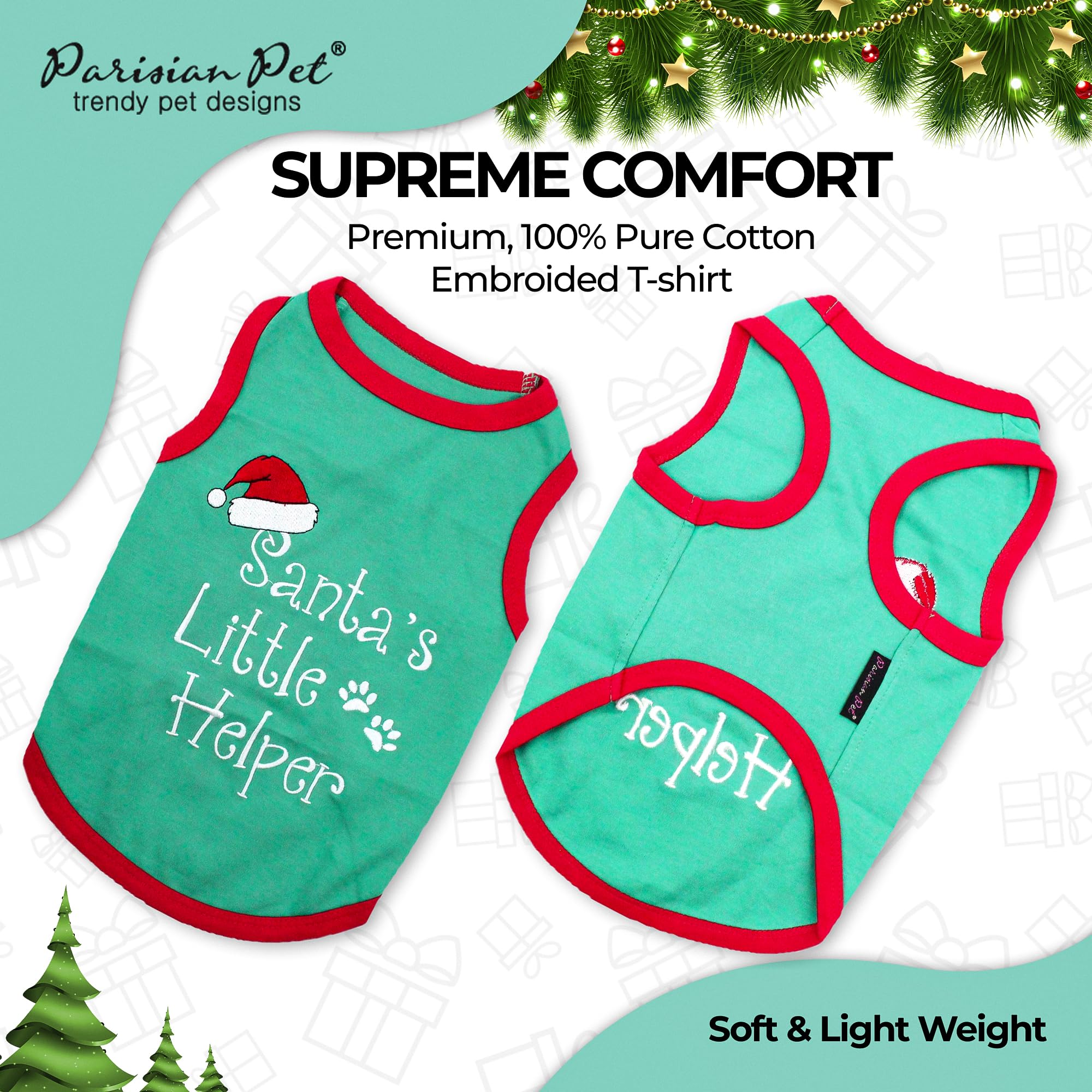 Parisian Pet Dog Tshirt - Embroidered “ Santa’S Little Helper “ Dog Shirt - Lightweight Cotton Dog Christmas Outfit - Sleeveless Christmas Dog Clothes - Dog Shirts For Small Dogs - Xxs