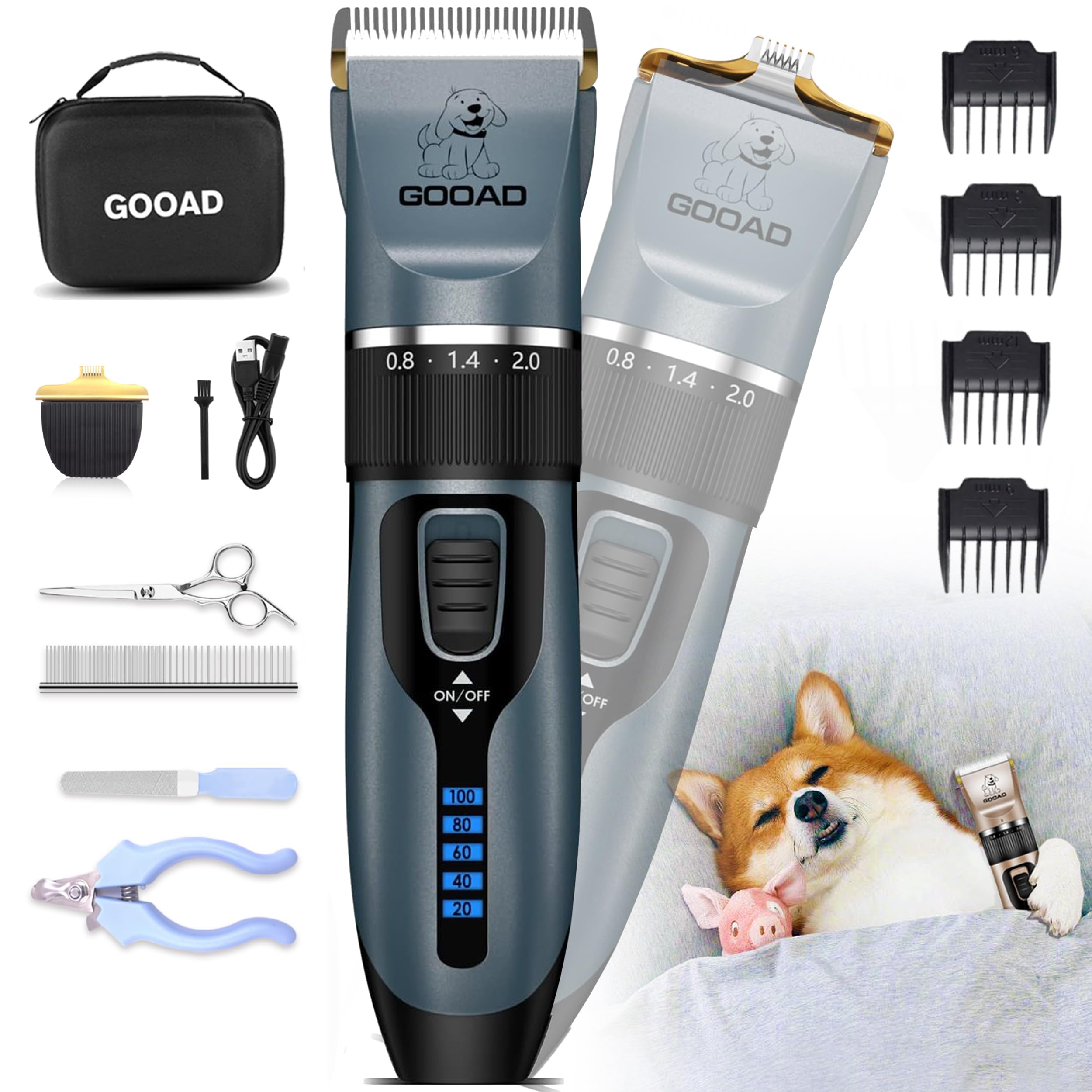 Gooad Dog Clippers Grooming Kit and Paw Trimmer,Cordless,Low Noise, Electric Quiet,Rechargeable, Dog Trimmer Grooming, Pet Hair 