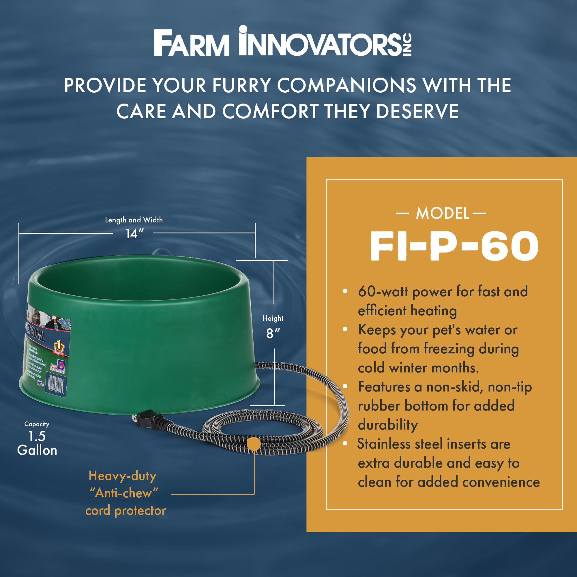 Farm Innovators Heated Pet Water Bowl - 1.5 Gallon, 60W, Green Plastic Dish with Anti-Chew Cord Protector for Dogs & Cats