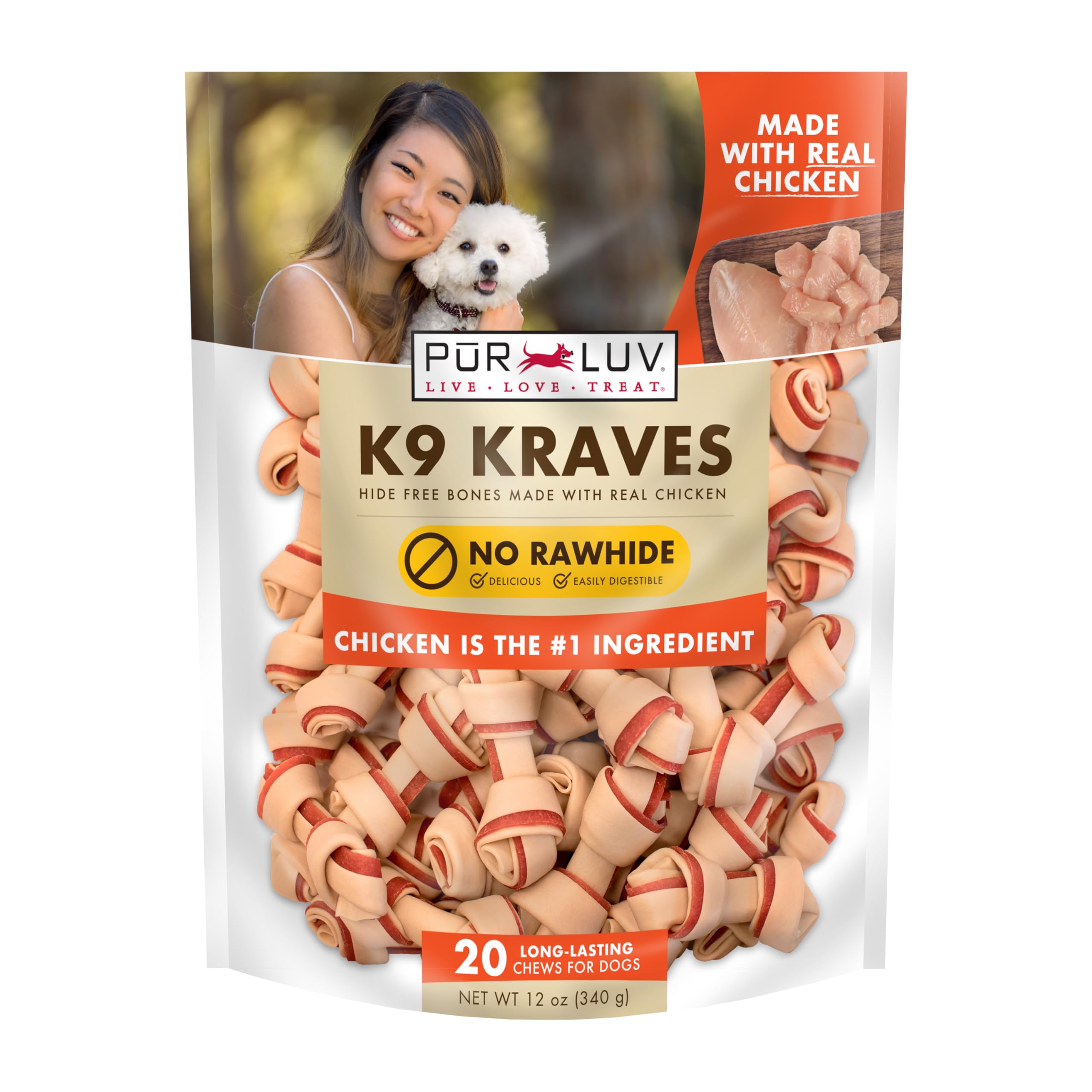 Pur Luv Dog Treats, K9 Kraves Rawhide Free Bone Dog Treat, Chicken Flavor, Made with Real Chicken, 20 Count, Healthy, Easily Dig