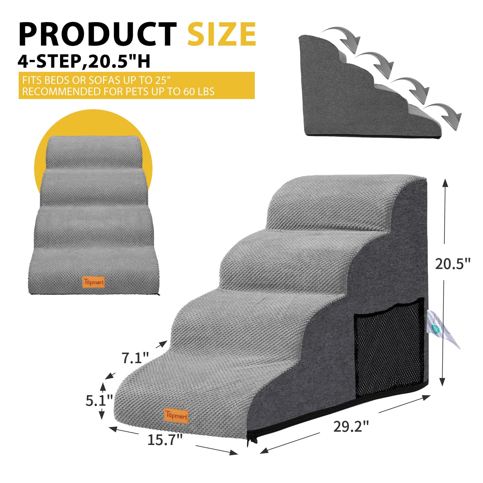 Dog Stairs For Small Dogs,4-Step,Foam Dog Steps&Ramps For Couch/High Beds With Waterproof &Removable Cover, Non-Slip, Grey