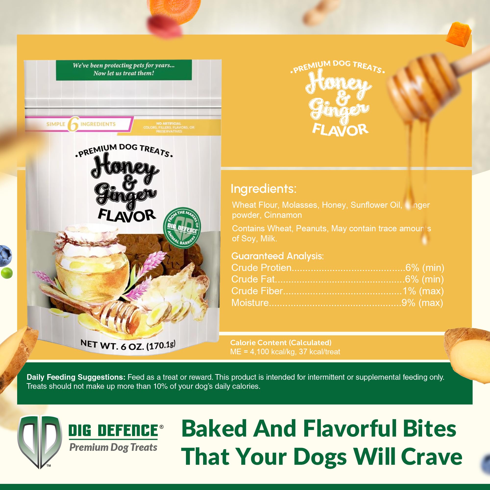 Dig Defence Premium Dog Treats - Honey/Ginger and Carrot/Peanut Butter, Natural Ingredients, Baked Gourmet Snacks for Small & Bi