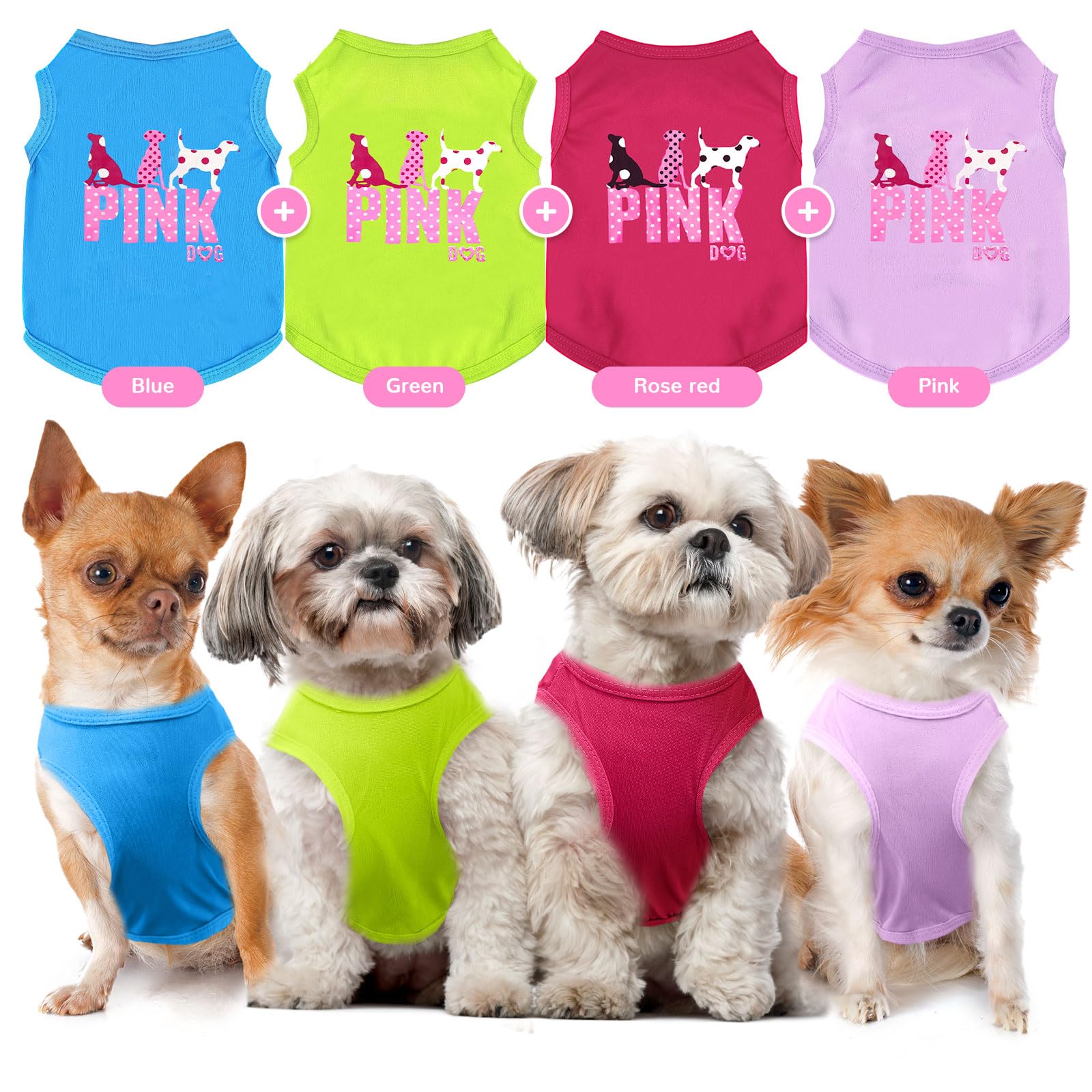 Tengzhi 4 Pack Dog Shirt Vest Soft Lightweight Puppy Tshirt Cute Pink Dog Printed Small Dog Clothes Summer Sleeveless Yorkie Chi
