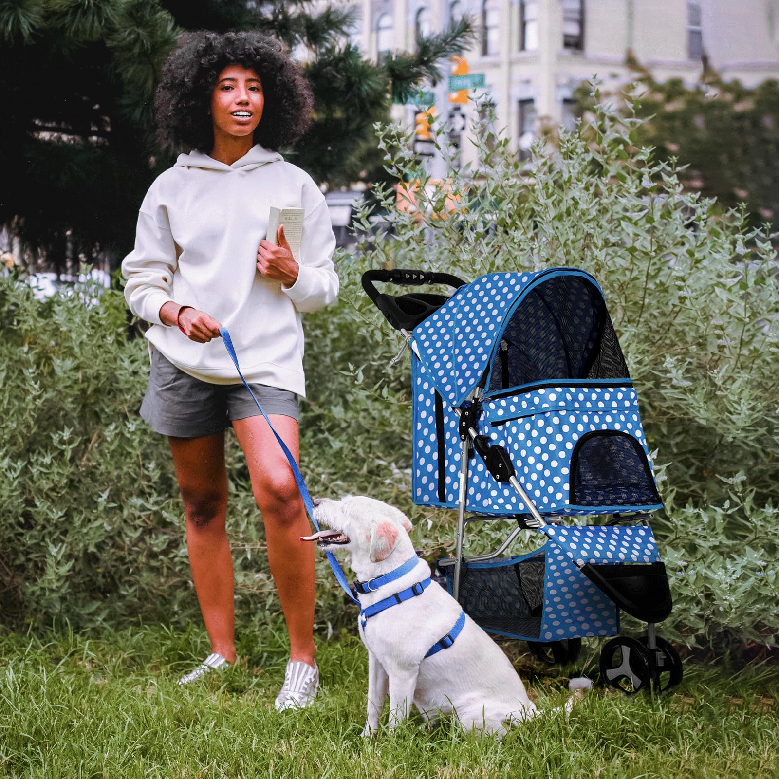 Monibloom 3 Wheels Pet Dog Cat Stroller For Small Medium Dogs Cats, Foldable Jogger Stroller W/Storage Basket And Cup Holder, Sky Blue Polka Dots