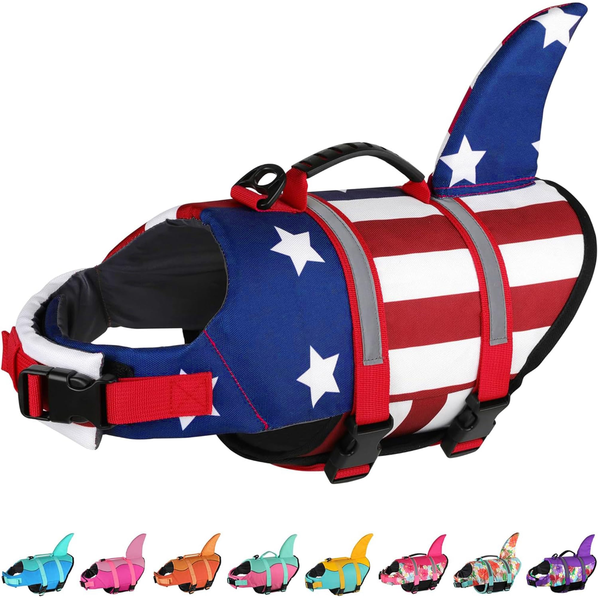 Dogcheer Dog Life Jacket Shark, American Flag Dog Life Vest With Reflective Stripes & Rescue Handle, Adjustable High Buoyancy Pu