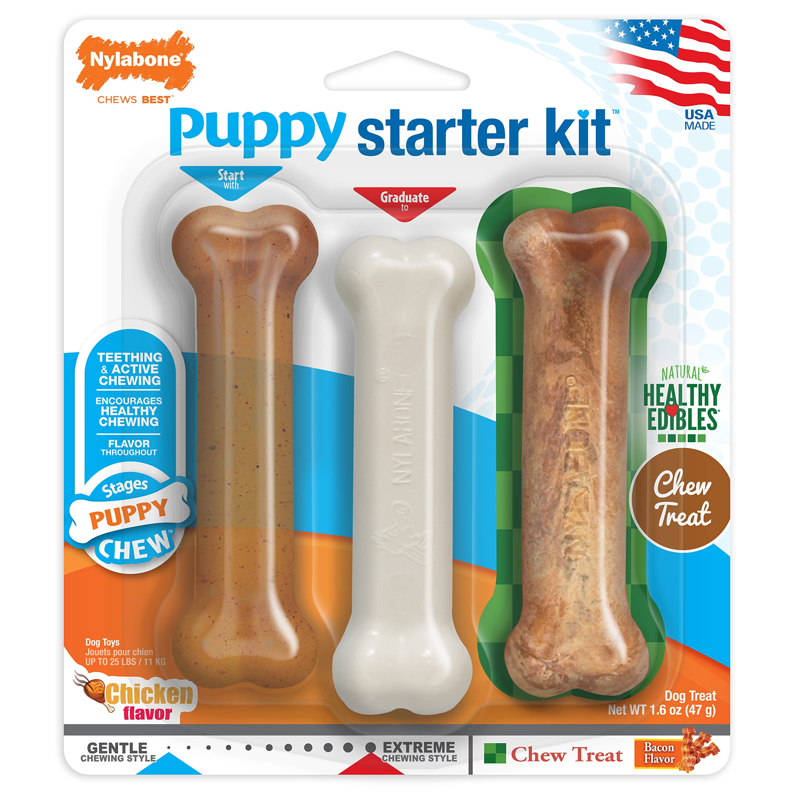 Nylabone New Puppy Starter Kit, 2 Chew Toys And 1 Natural Treat For Puppies, Bacon & Chicken Flavor, Small - Up To 25 Lbs, 3 Pack