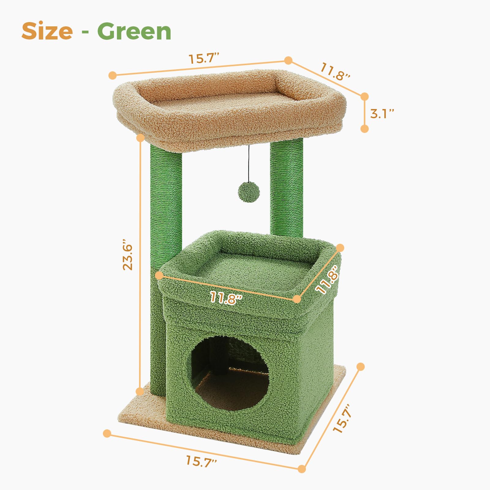 Pequlti Cat Tree Cactus Cat Tower For Indoor Cats With Private Cozy Cat Condo, Natural Sisal Scratching Posts And Plush Pom-Pom