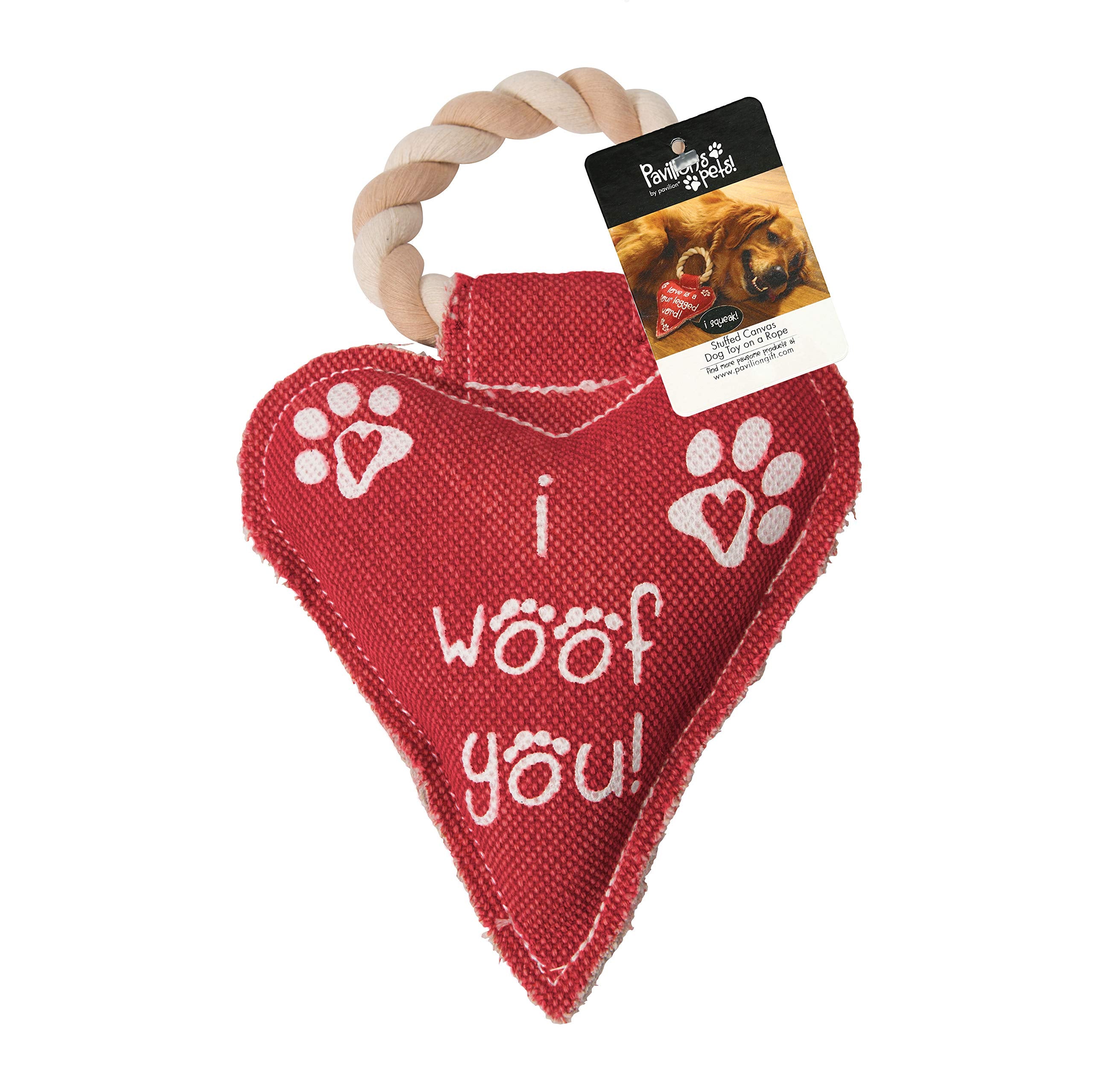 Pavilion Gift Company 45610 Pavilion'S Pets-Red Heart Shaped Canvas And Rope Dog Squeaky Toy-I Woof You