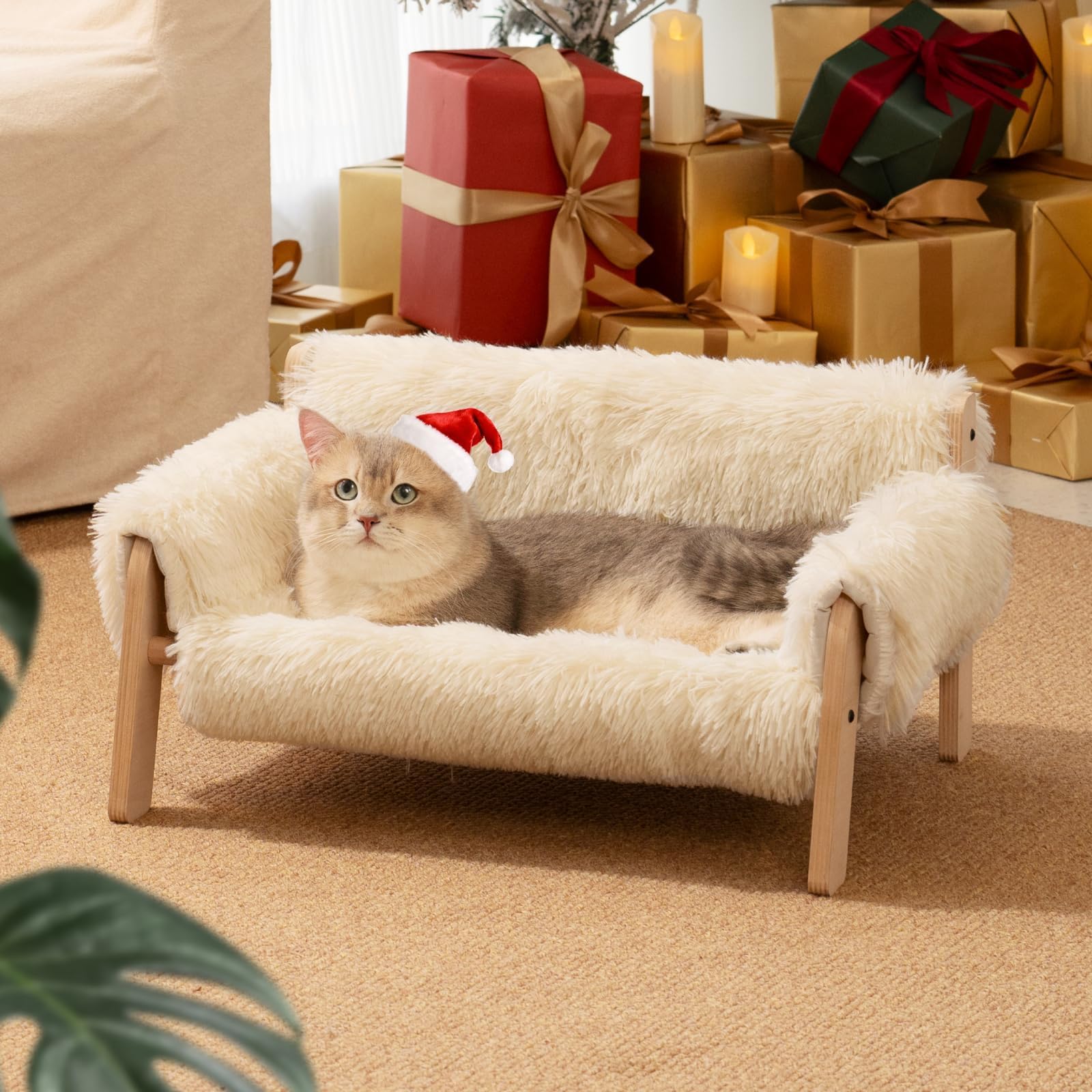 MEWOOFUN Cat Couch Bed, Pet Sofa for Indoor Cats Wooden Indoor Elevated Cat Beds with Removable Mattress Cover Suitable for Kitt