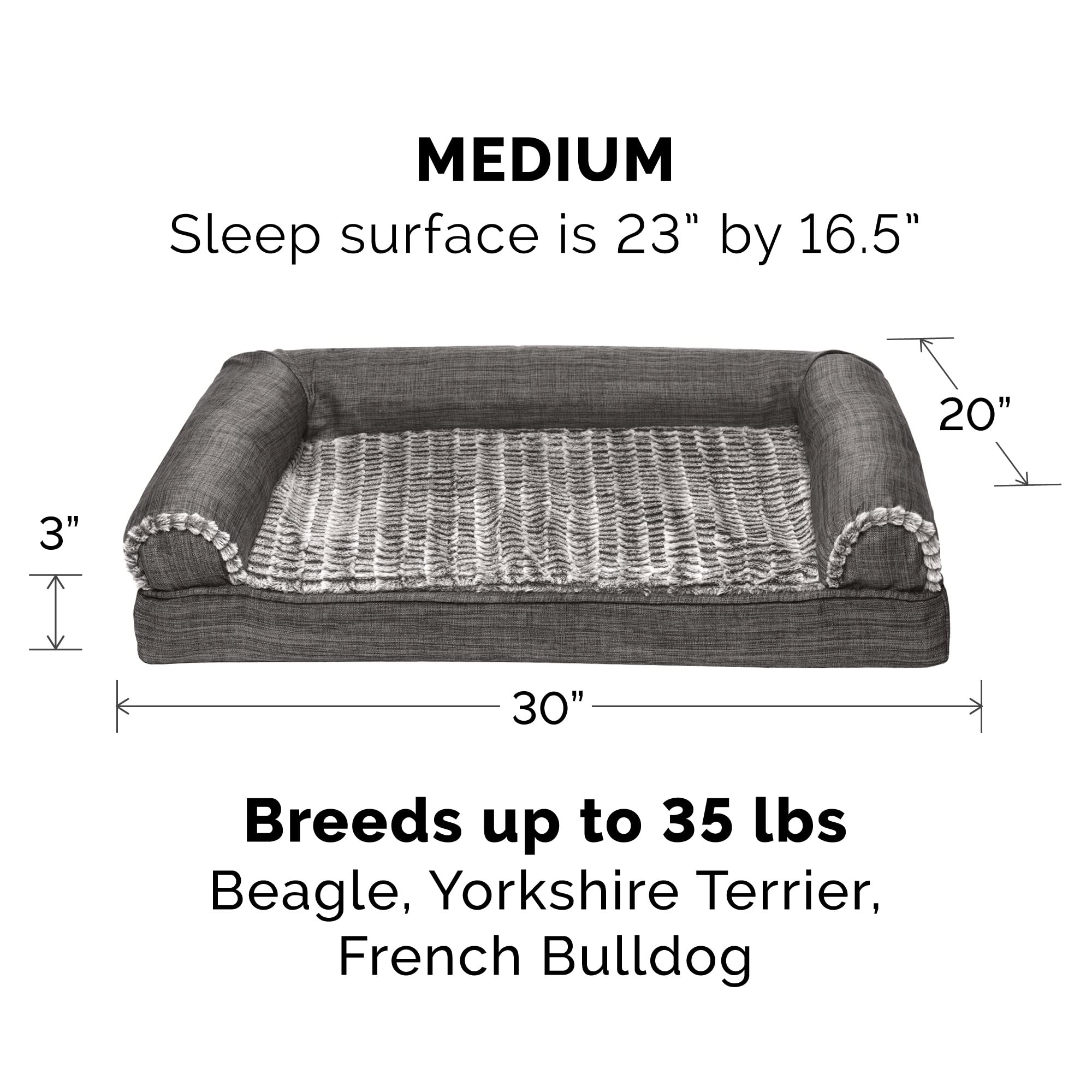 Furhaven Medium Orthopedic Dog Bed Luxe Faux Fur & Performance Linen Sofa-Style W/ Removable Washable Cover - Charcoal, Medium