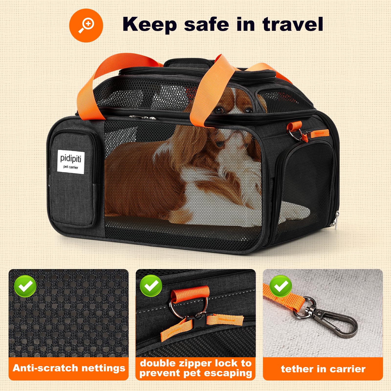 Pidipiti 17.5X13.5X9 Tsa Approved Top And 1 Side Expandable Pet Carrier For Small Dog Puppy Cat Up To 10 Lbs Weight And 17'' Len