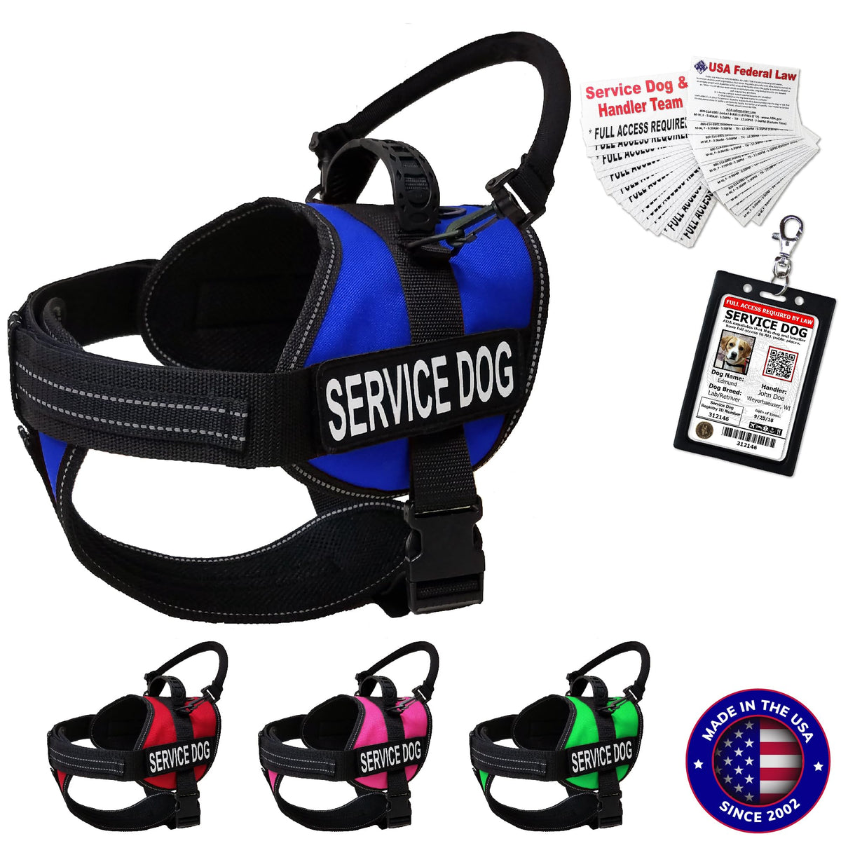 Activedogs Service Dog Vest Harness + Clip-On Bridge Handle + Id Card Carrier + Ada Cards + Reflective Service Dog Patches - Large Service Dog Harness Vest For Large Dogs (Girth 25”-35”) Royal Blue