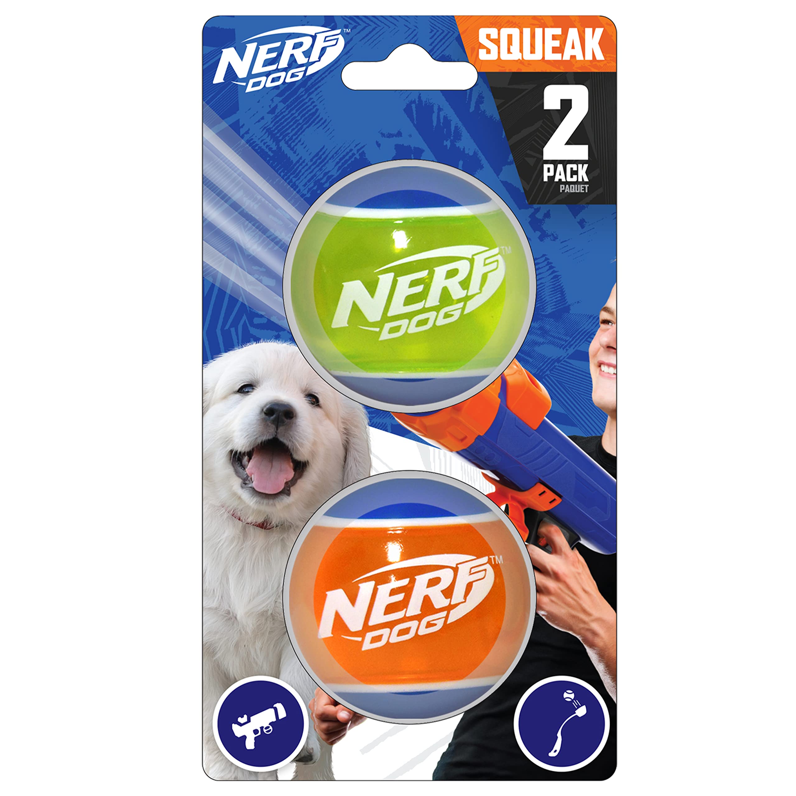 Nerf Dog Rubber Tennis Ball Dog Toys with Interactive Squeaker, Lightweight, Durable and Water Resistant, 2 Inches, for Small/Me