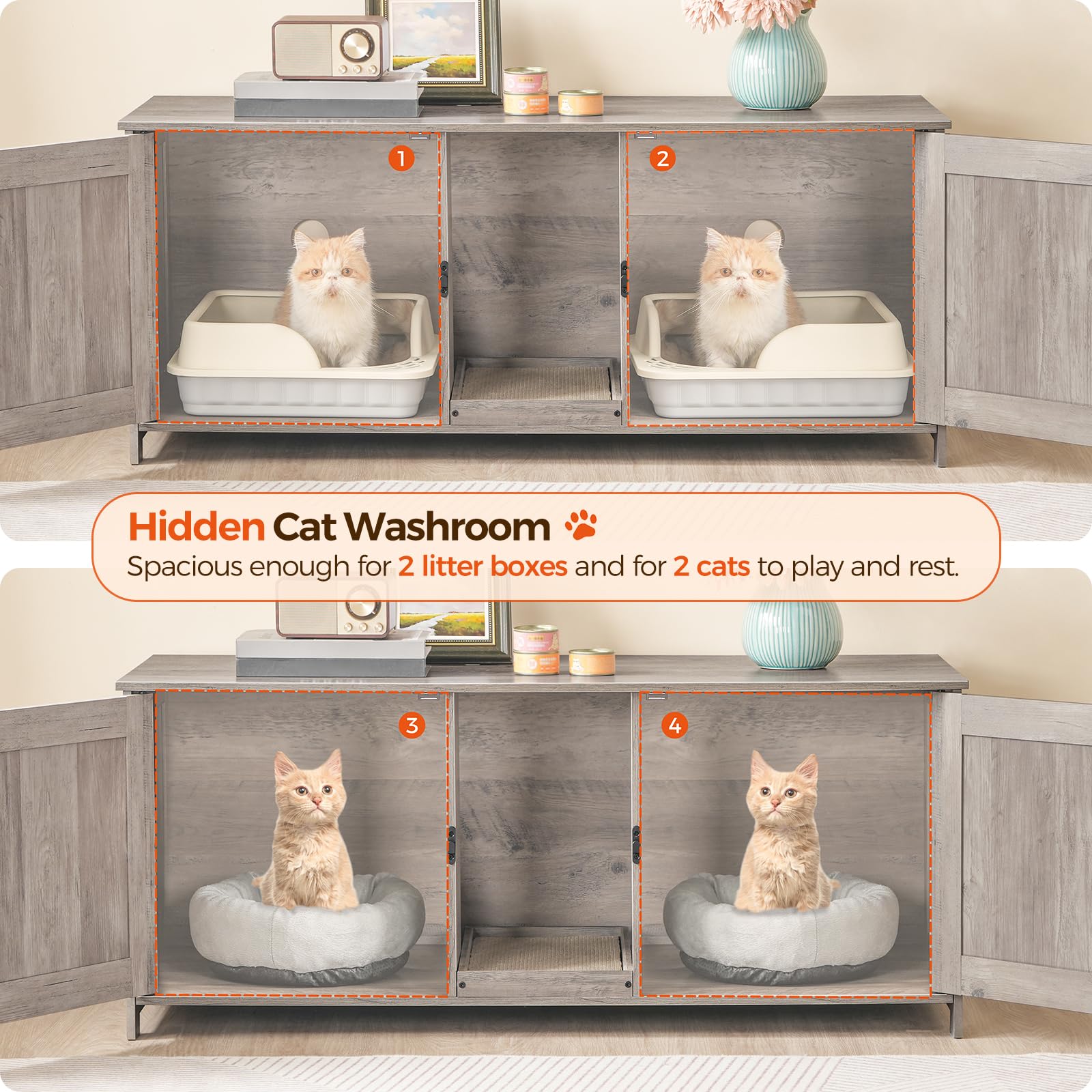 Mahancris Cat Litter Box Enclosure For 2 Cats, 47.2'' Hidden Cat Litter Box Furniture With Double Room, Wooden Washroom Cabinet