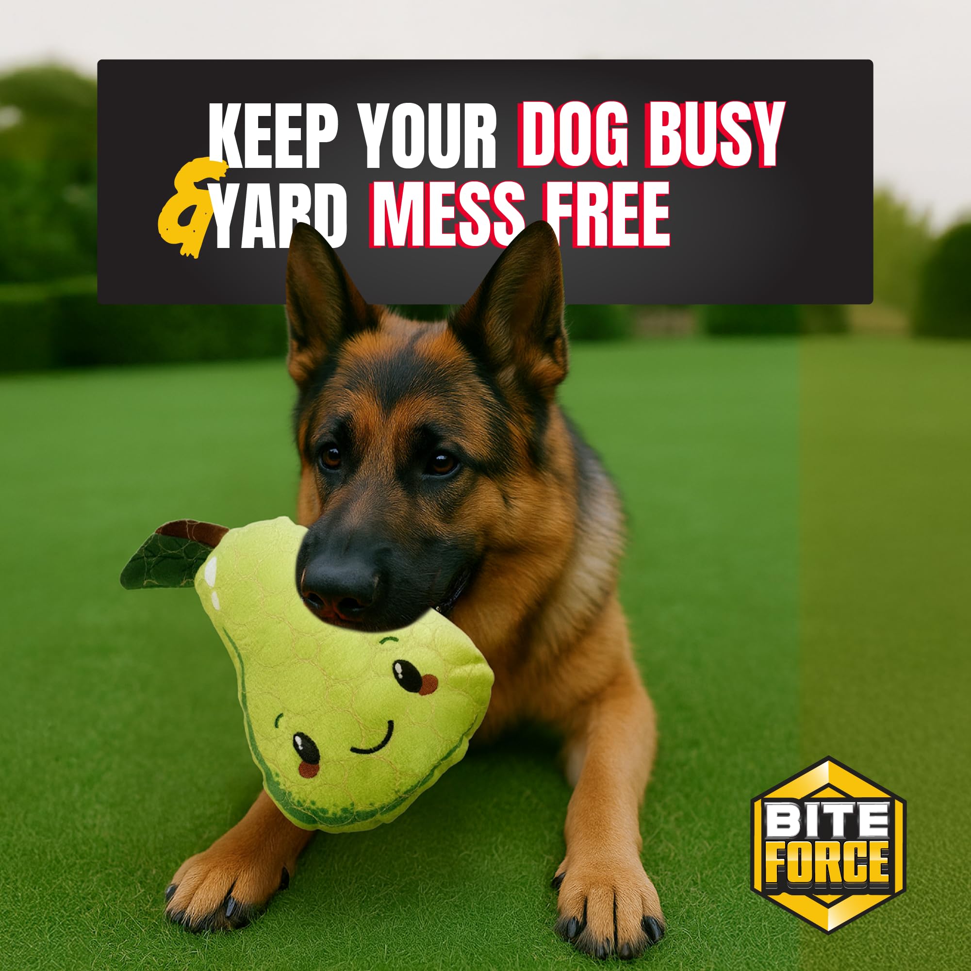 Bite Force -Durable & Strong Dog Toy Mr. Pear with Squeaker, Kevlar-Reinforced for Aggressive Chewers for Small Medium Large Dog