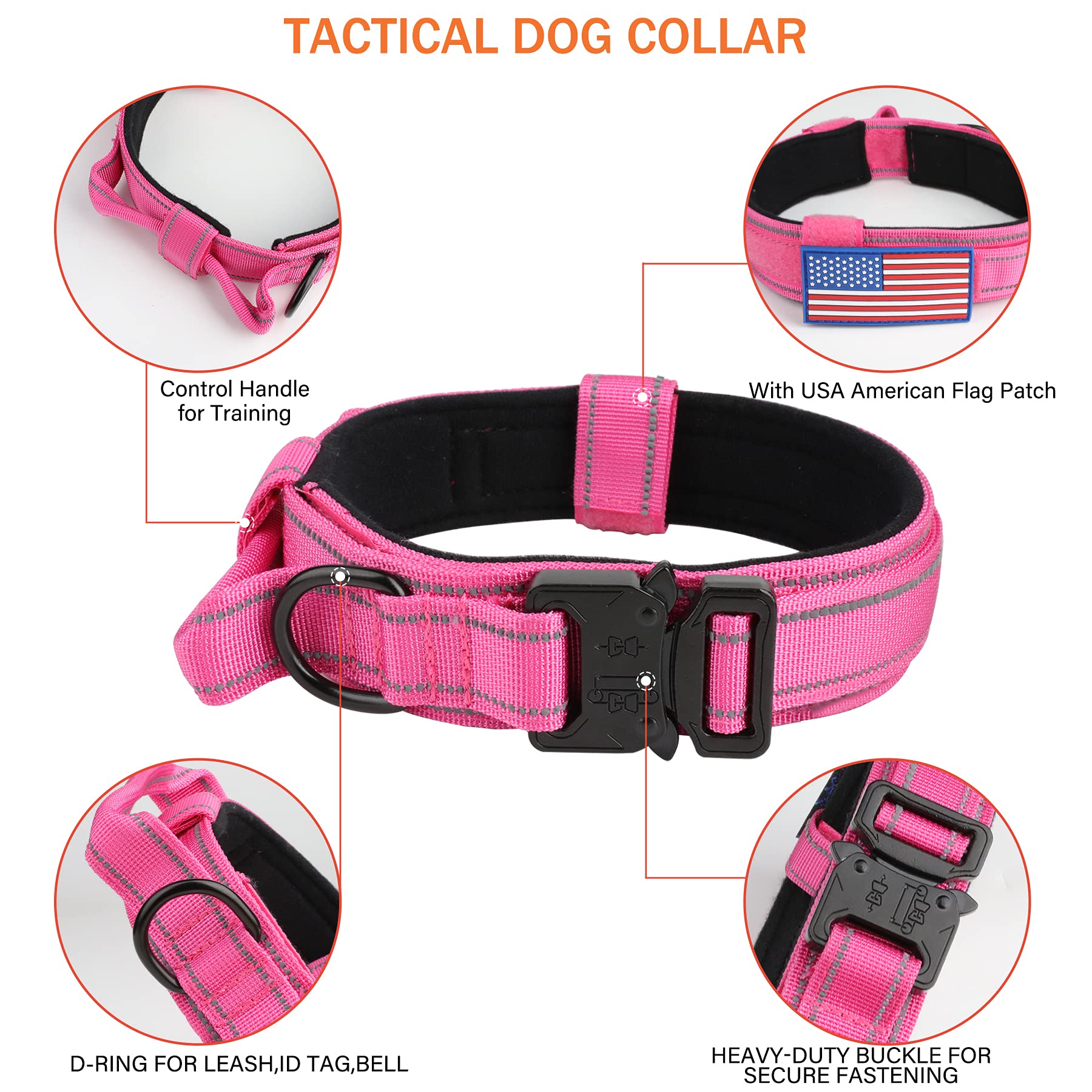 Tactical Dog Collar- Kcucop Military Dog Collar With Reflective Collar And American Flag Patch With Handle Heavy Duty Metal Buckle 1.5' Width Nylon Thick Adjustable K9 Collar(Pink Reflective-L)