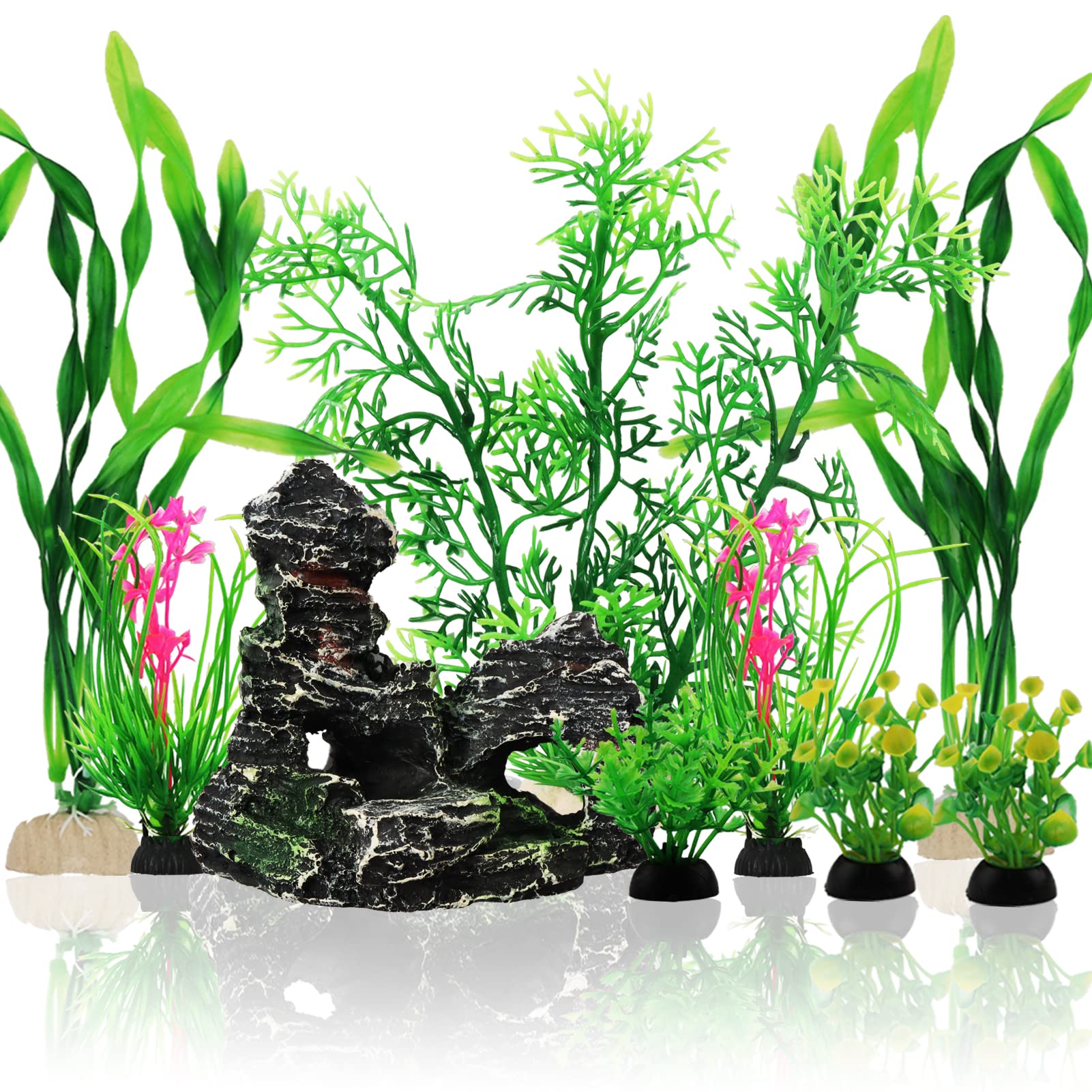 Fish Tank Accessories Aquarium Decorations Plants, 9Pcs Green Fish Tank Decorations Plants And Cave Rock Decoration Decor Set, Aquarium Decor Plastic Plants