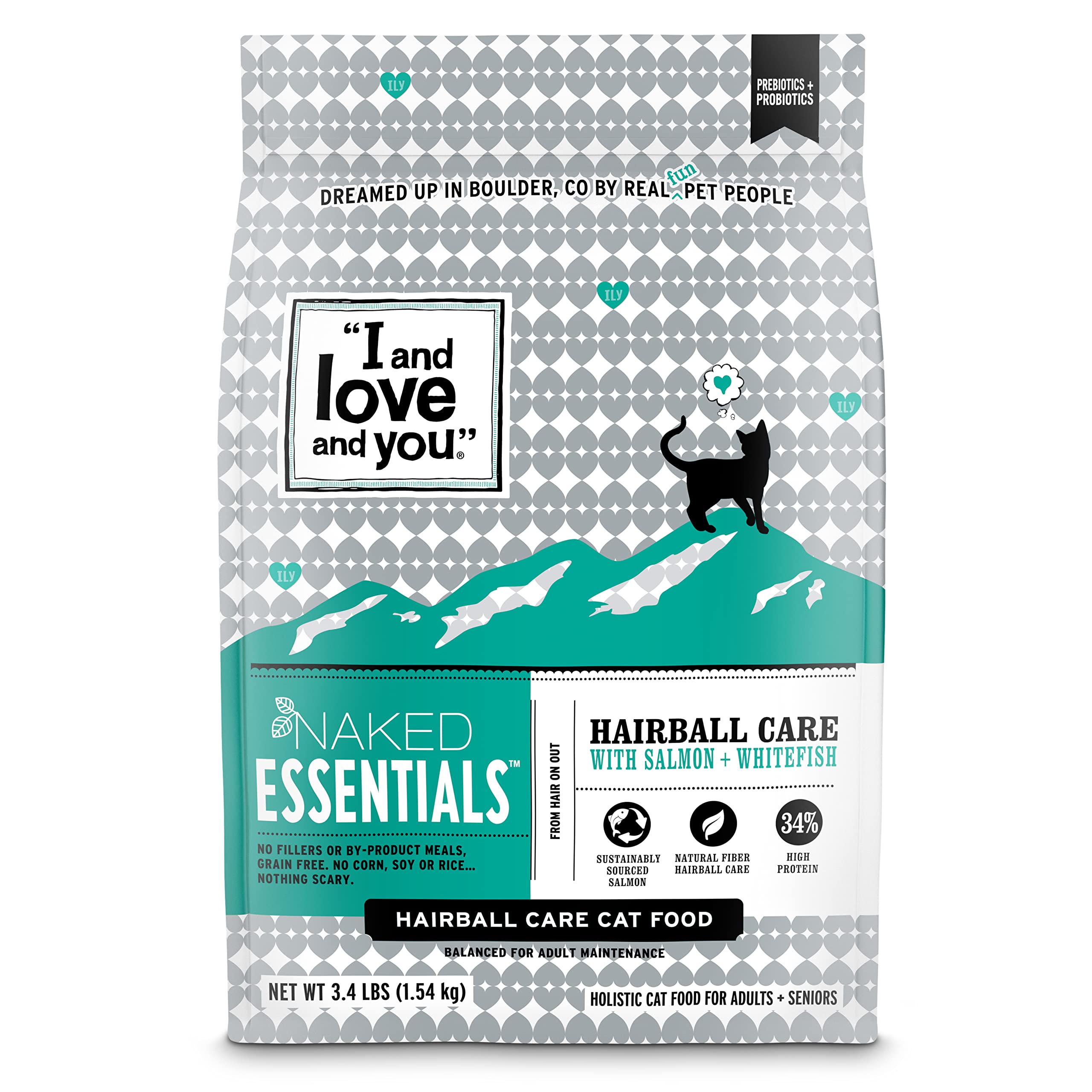 I AND LOVE AND YOU Naked Essentials Dry Cat Food - Salmon + Whitefish for Hairball Care - Grain Free, Real Meat, No Fillers, 3.4