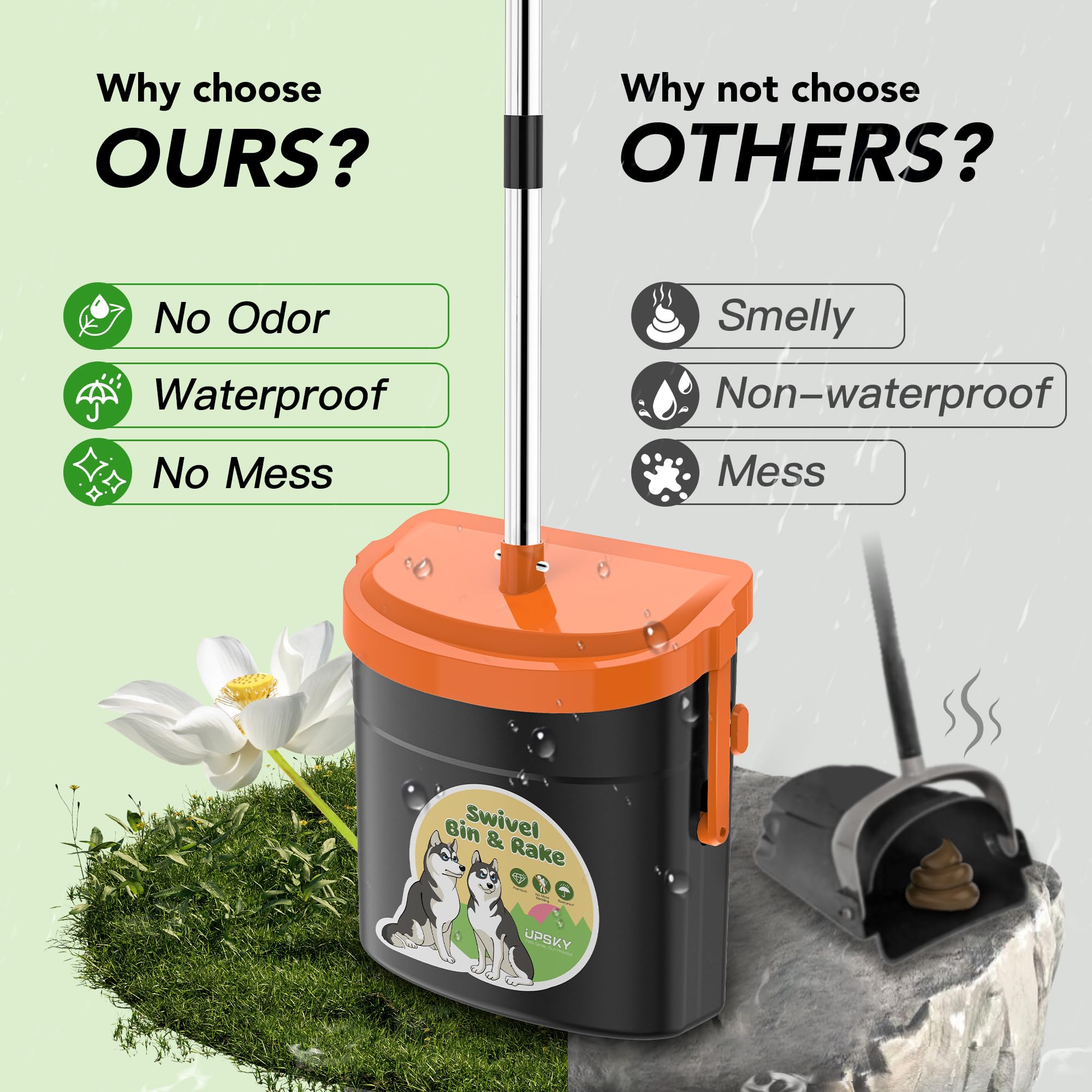 Upsky Dog Pooper Scooper Swivel Bin & Rake Kit With 100 Waste Bags,33.4' Stainless Steel Long Handle Heavy Duty Pet Poop Shovel