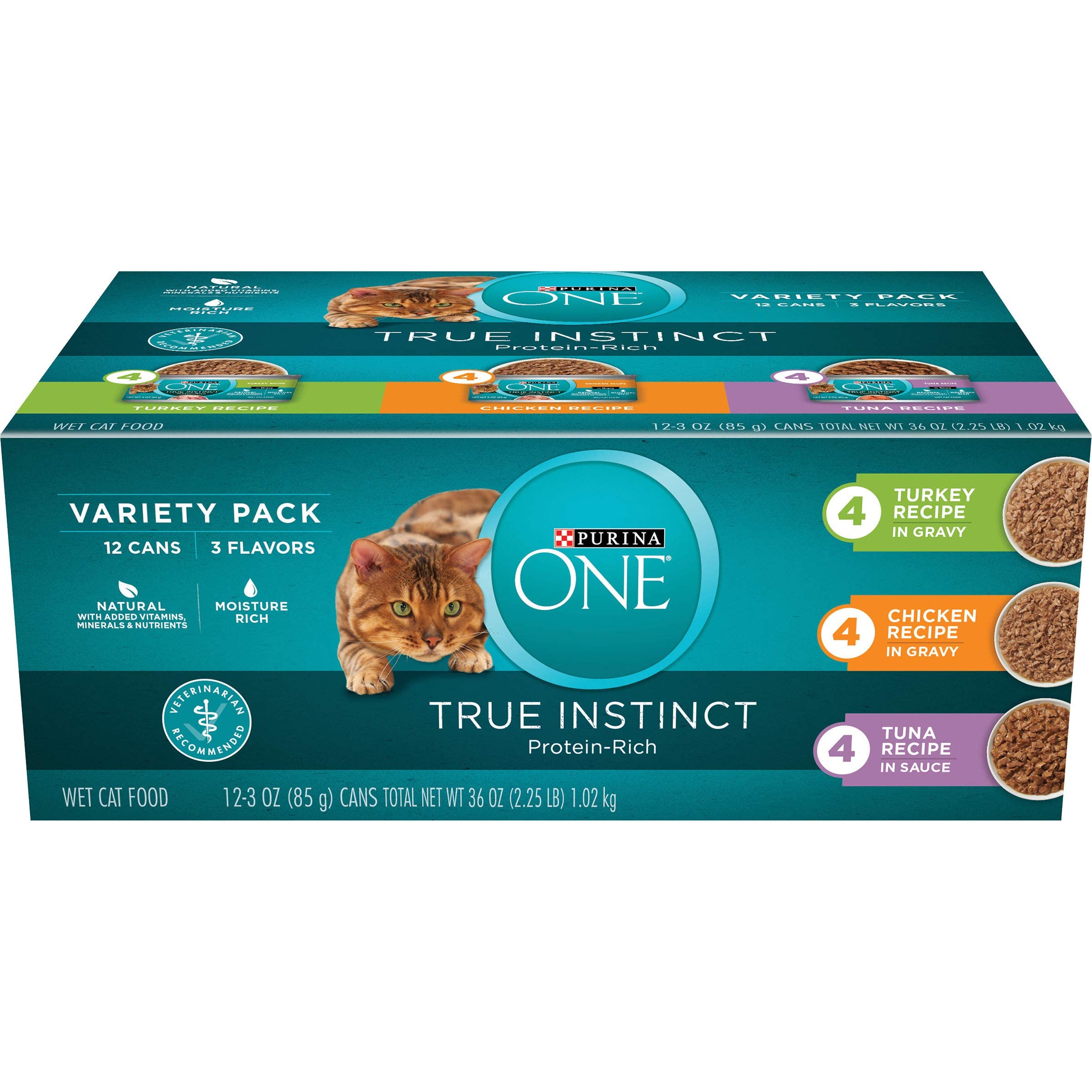 Purina ONE Natural, High Protein Cat Food Variety Pack, Turkey, Chicken and Tuna Recipes - (2 Packs of 12) 3 oz. Cans