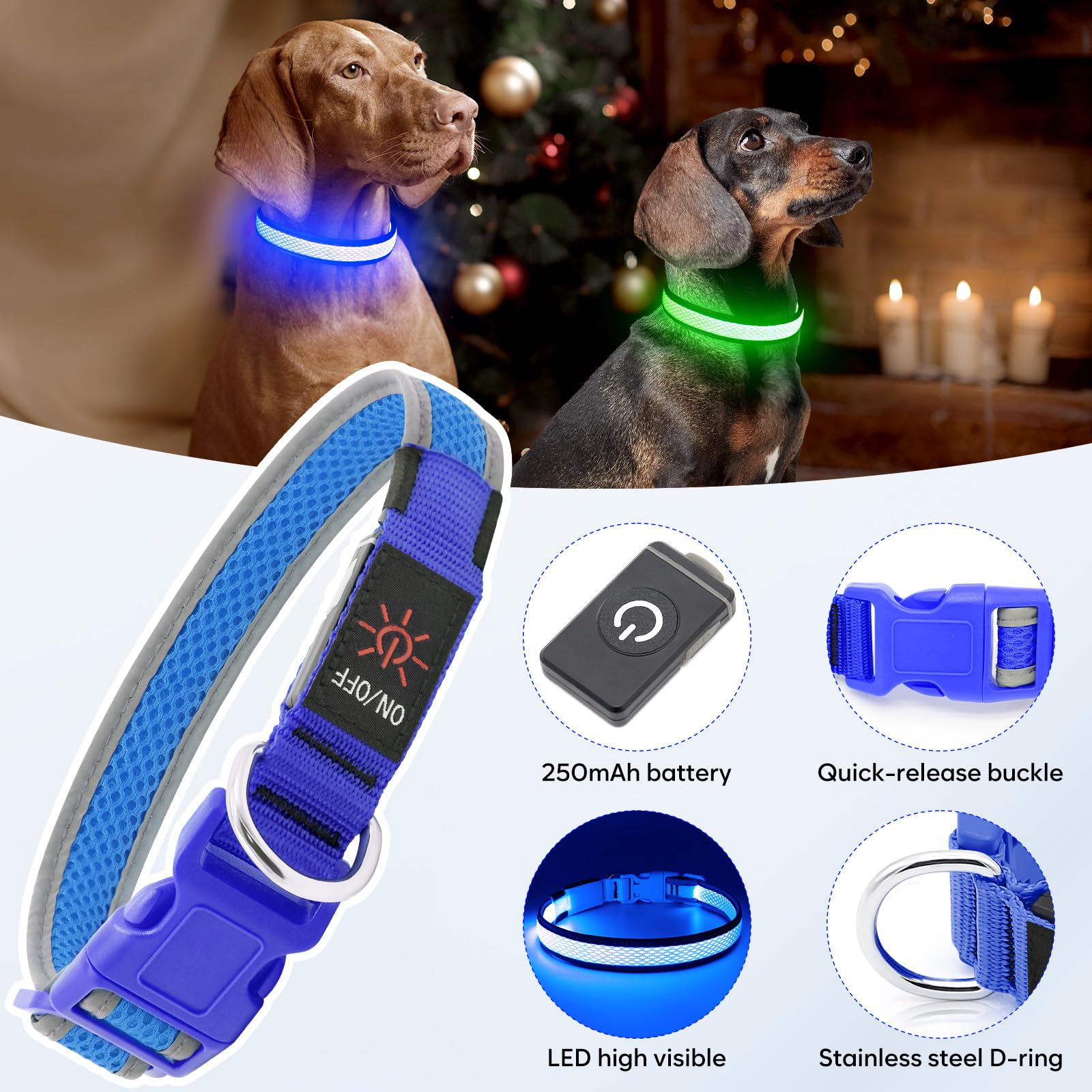 Flashseen Led Dog Collar, Usb Rechargeable Light Up Dog Collar Lights, Adjustable Comfortable Soft Mesh Safety Dog Collar For Small, Medium, Large Dogs(Medium, Royal Blue)