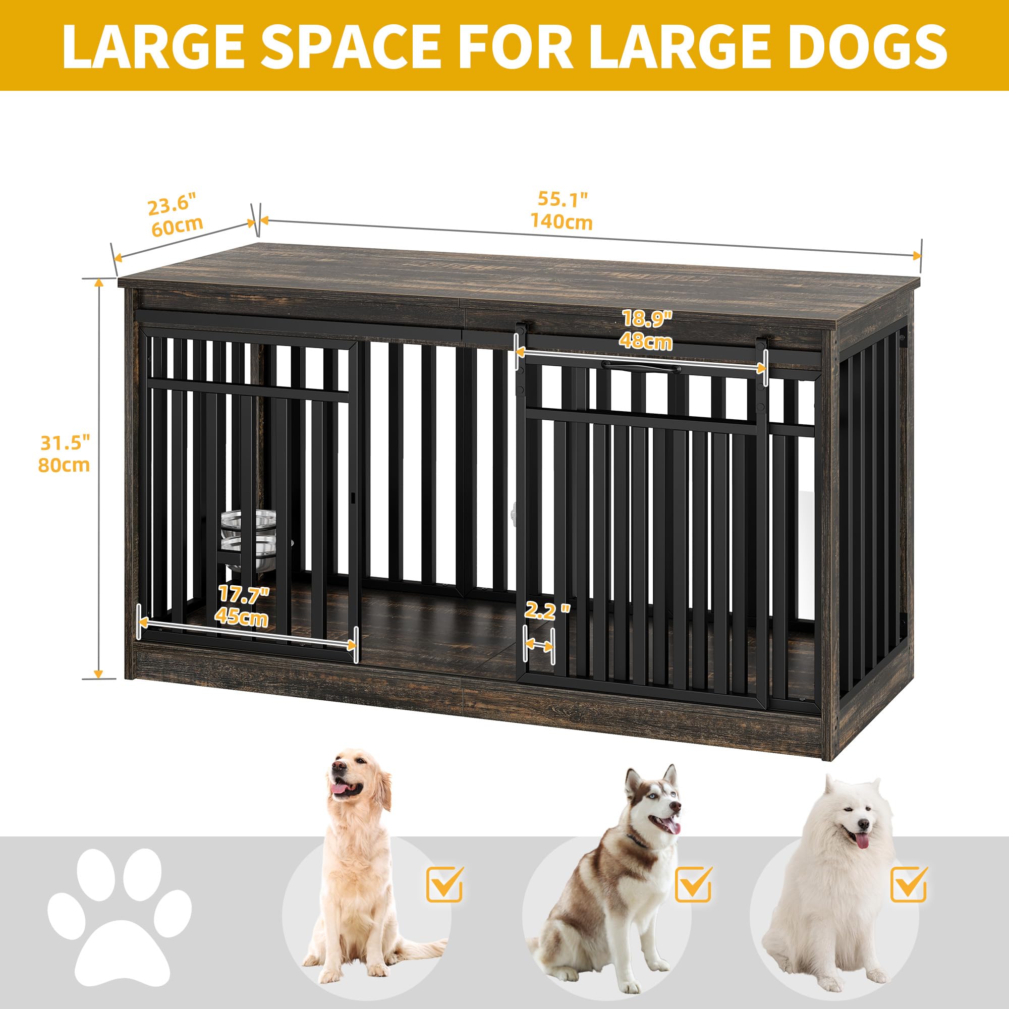 DWVO Extra Large Dog Crate Furniture, 55" Heavy Duty Metal Kennel, Wooden TV Stand, Black Oak