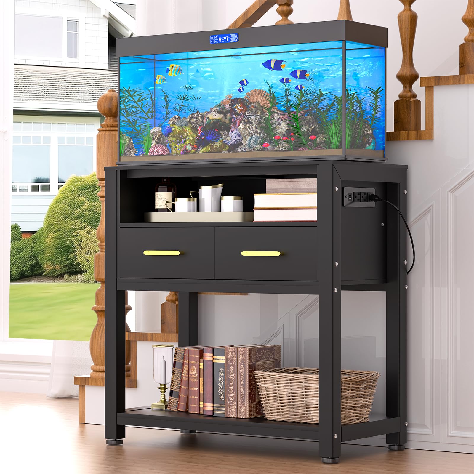 EOSVALO 20-29 Gallon Aquarium Stand with Stable Metal Frame & Power Outlet, Heavy-Duty Fish Tank Stand with Waterproof Mat, 550L