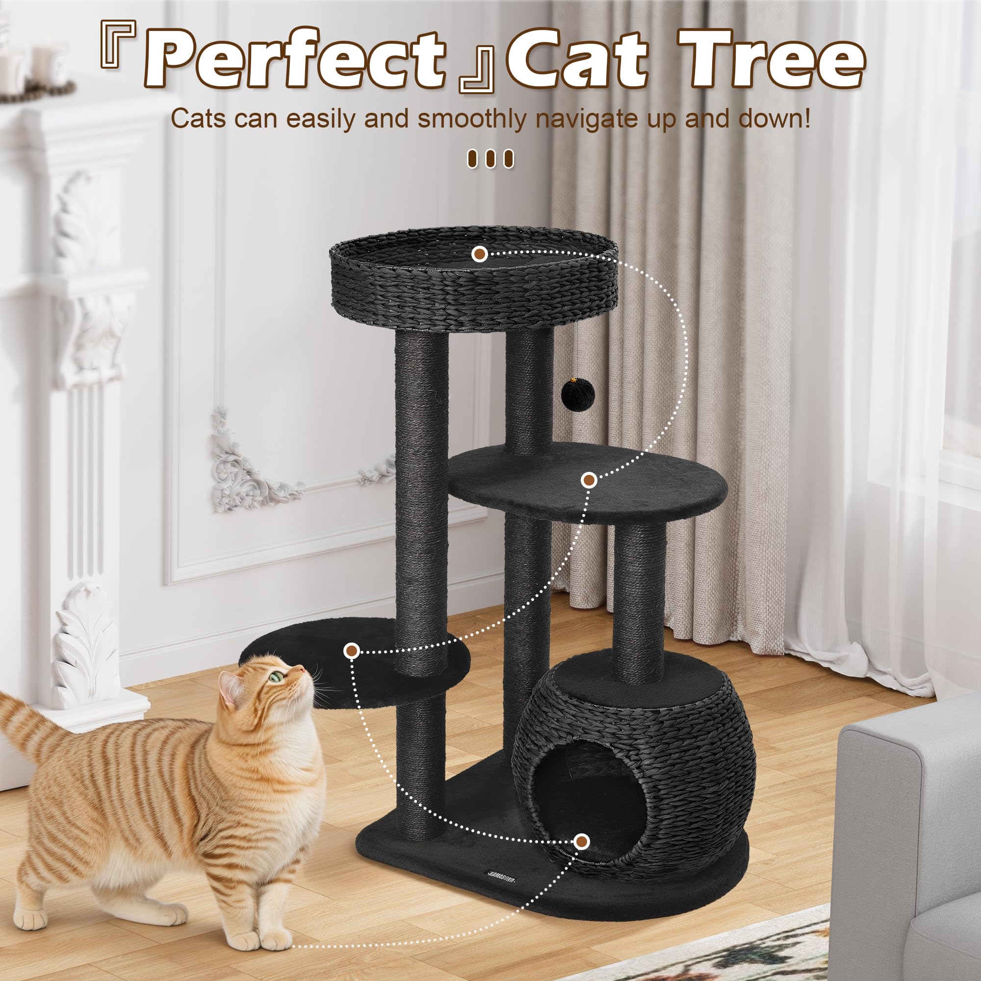 Kamaboko Modern Cat Tree, 38'' Tall Cat Trees For Indoor Cats W/Natural Sisal Scratching Posts, Hand-Woven Condo & Top Perch, Ca