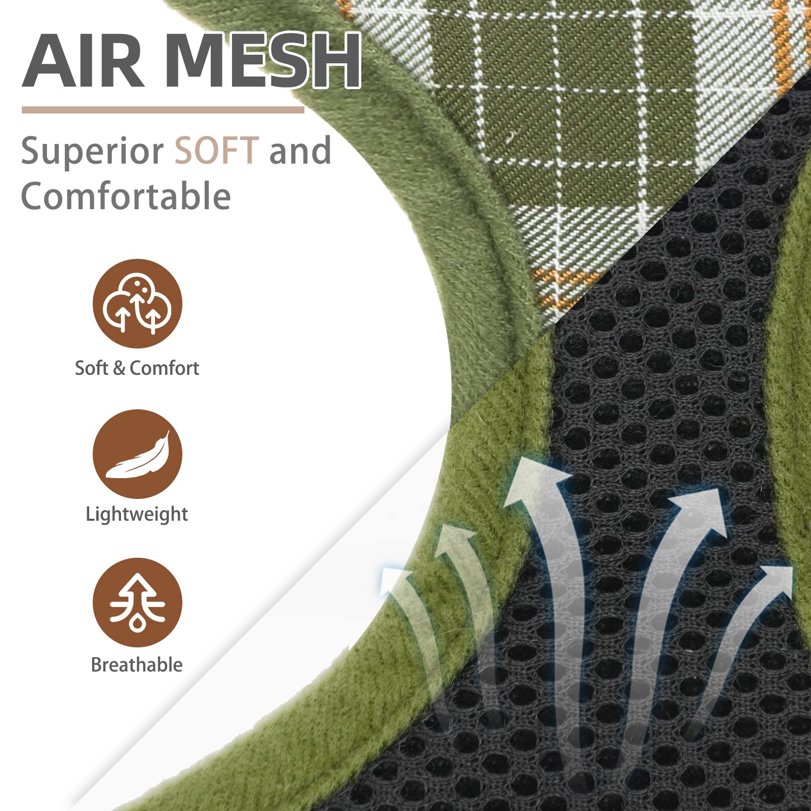 Pupteck Soft Mesh Dog Harness And Leash Set Pet Puppy Cat Comfort Padded Vest No Pull Harnesses, Olive Green, L