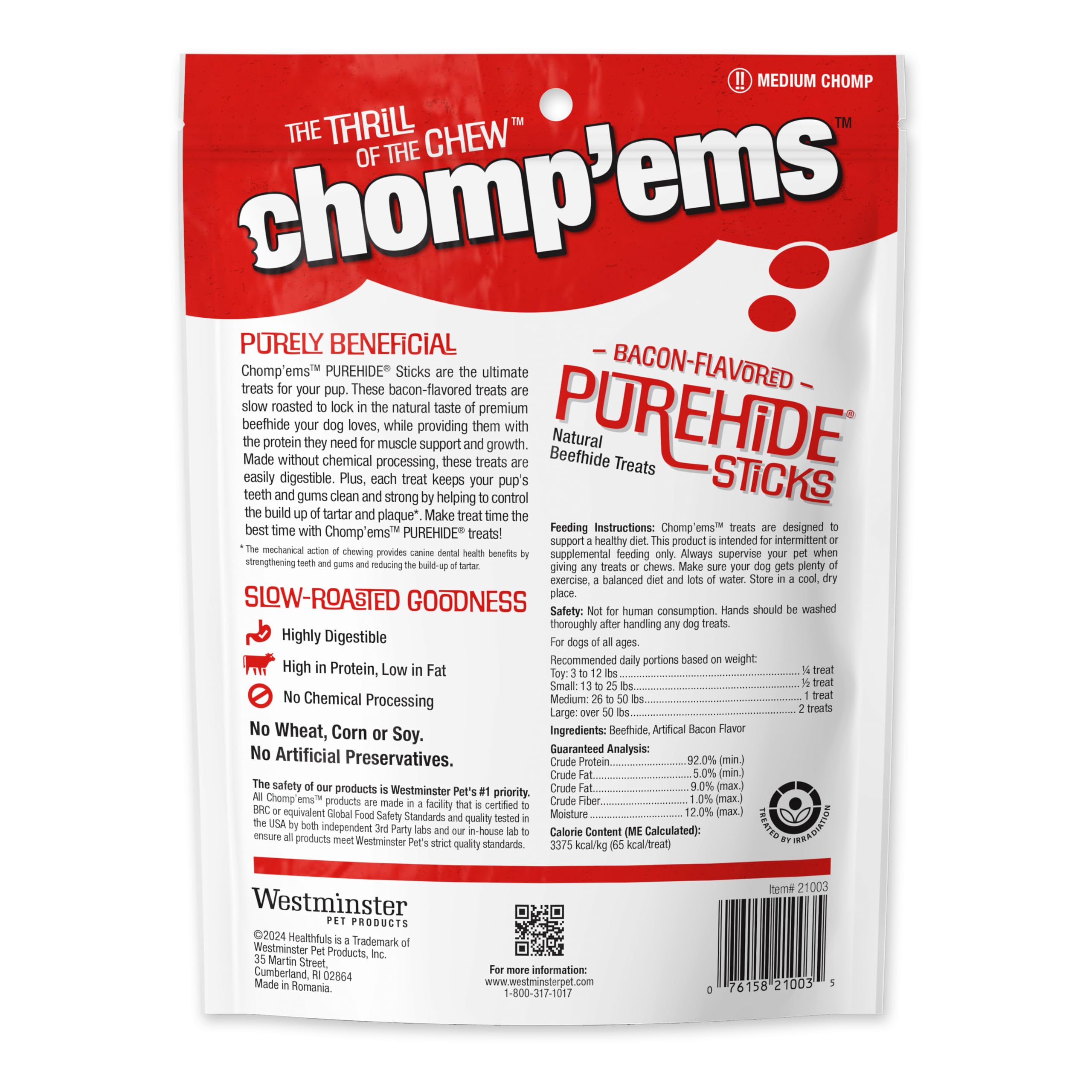 CHOMP 'EMS Purehide Chews - High Protein Beef Rawhide Dog Treats, Bacon Flavor, 8.5 Oz, Brown