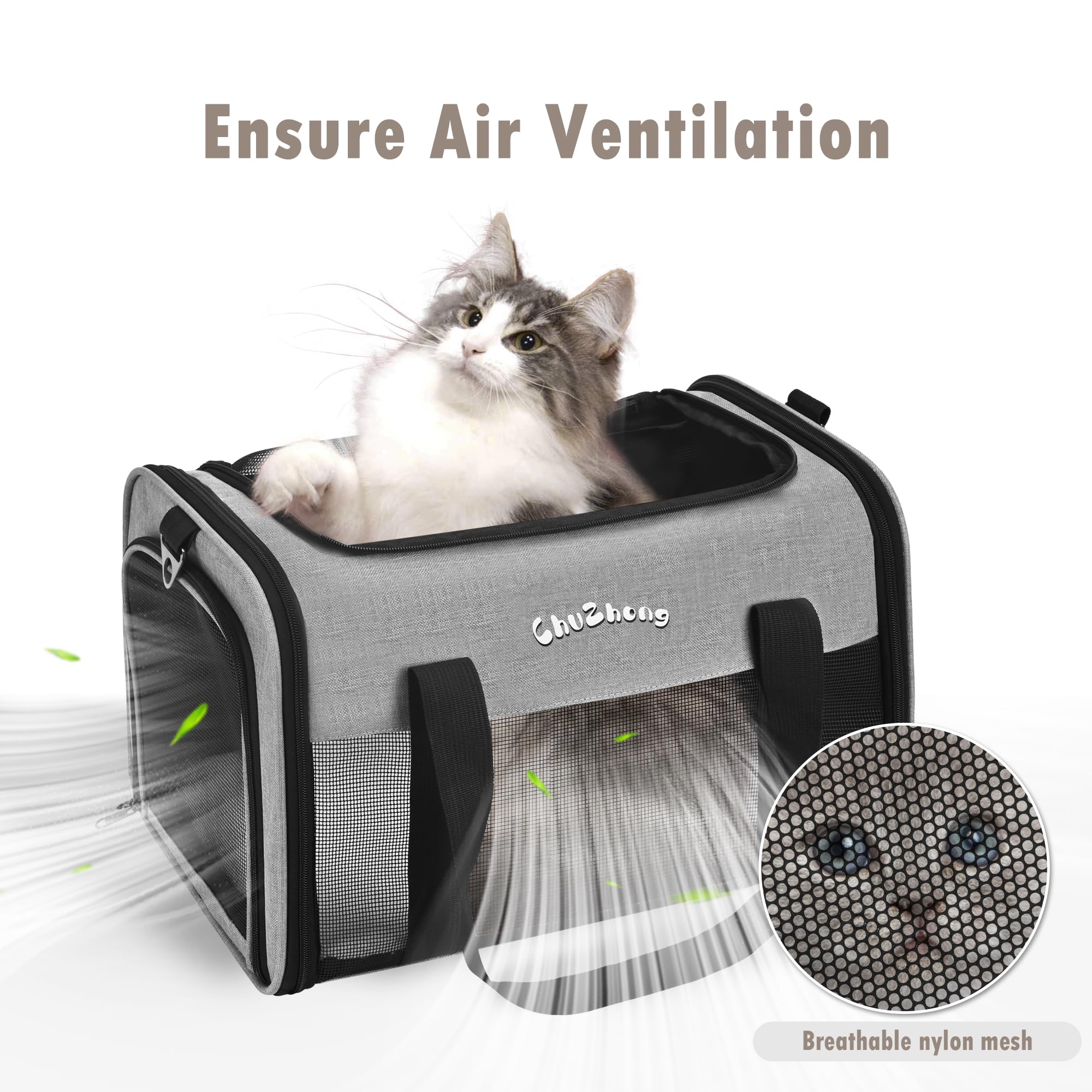 Chuzhong Cat Dog Carrier For Small Medium Cats Puppies Up To 18 Lbs(Grey),Soft Sided Cat Bag Airline Approved,Collapsible Pet Tr